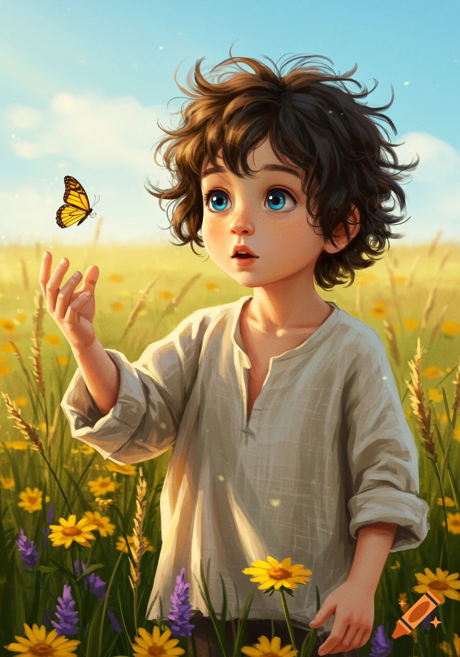 A wide-eyed stylized child with curly hair looks at a yellow butterfly in a sunny field of yellow and purple flowers.