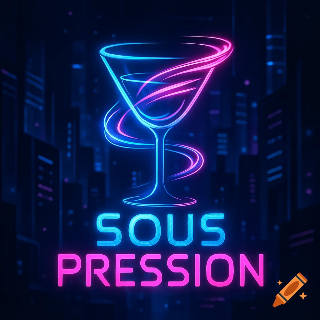 Futuristic neon logo for a cocktail bar with a blue and pink glowing cocktail glass and 'SOUS PRESSION' text.