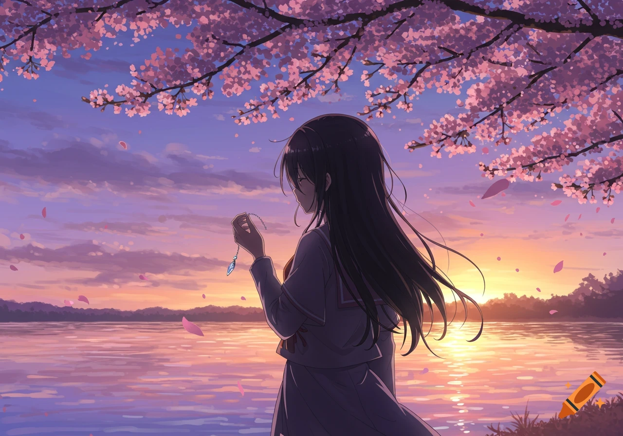Anime girl holding a pendant by a lake under cherry blossoms at sunset, with a vibrant sky.