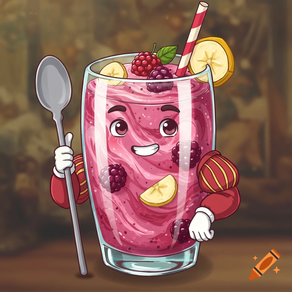 Cartoon illustration of a pink smoothie character in a glass, holding a spoon, with berries and banana slices, wearing red puffed sleeves.