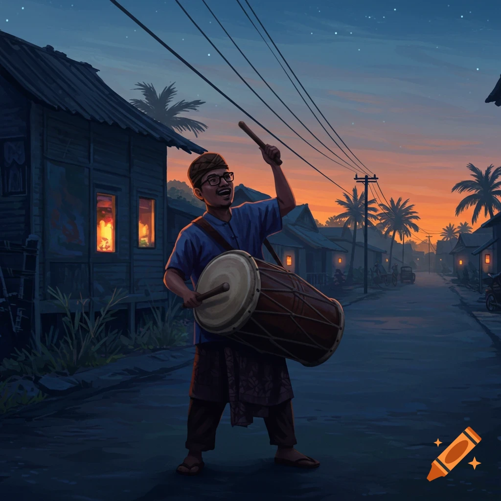 Smiling man playing a large drum on a village street at sunset, illustration.