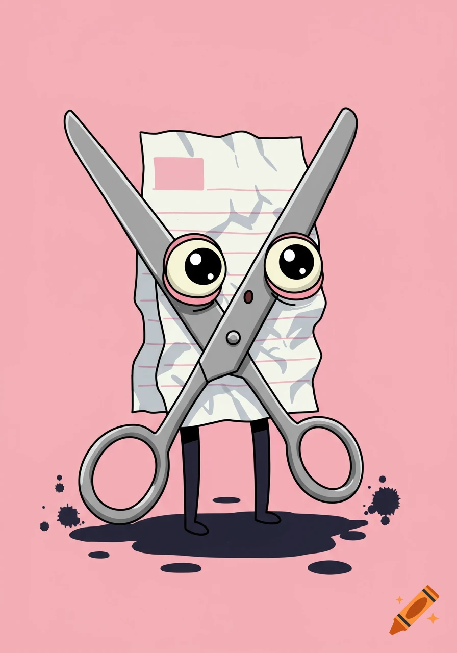 A cartoon illustration of a pair of scissors fused with a piece of paper, featuring large googly eyes and small legs, standing on a pink background.