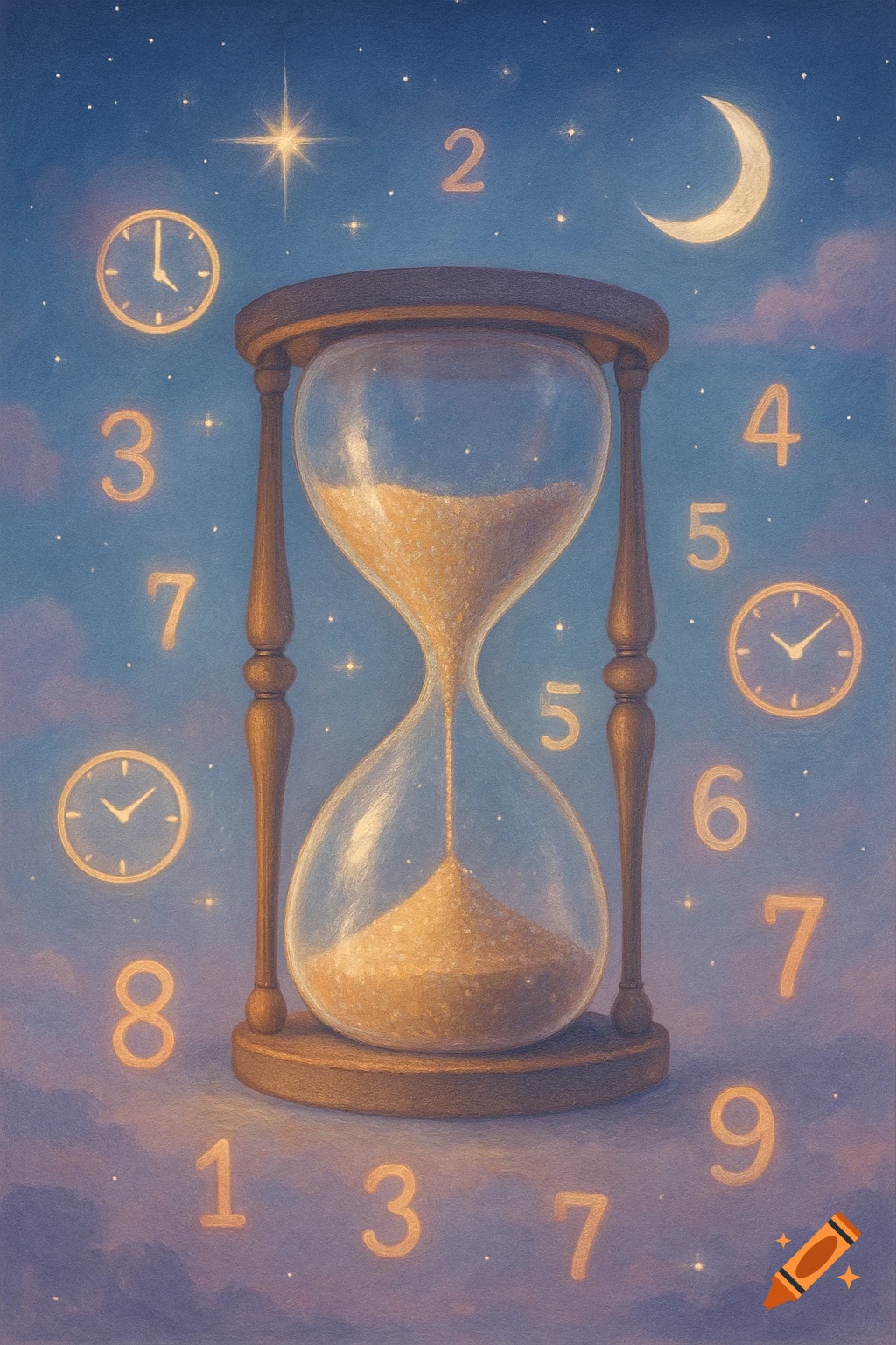 An hourglass with sand flowing, surrounded by glowing numbers, clocks, stars, and a crescent moon in a dreamy night sky.