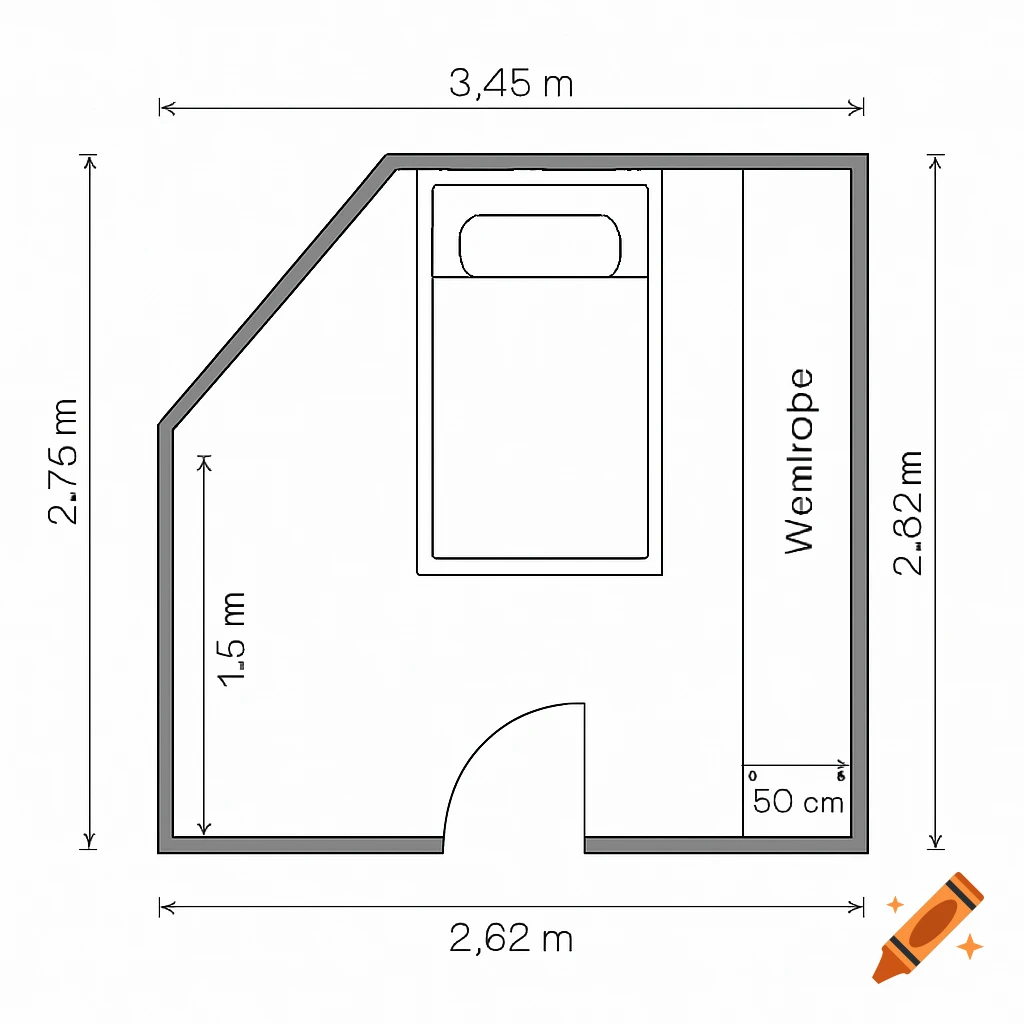 A 2D minimalist floor plan of a small attic bedroom with dimensions, an inward-opening door, and a built-in wardrobe.
