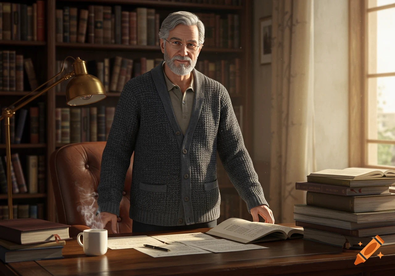 A photorealistic portrait of an older male professor in a cardigan, standing at a desk in a book-lined study.