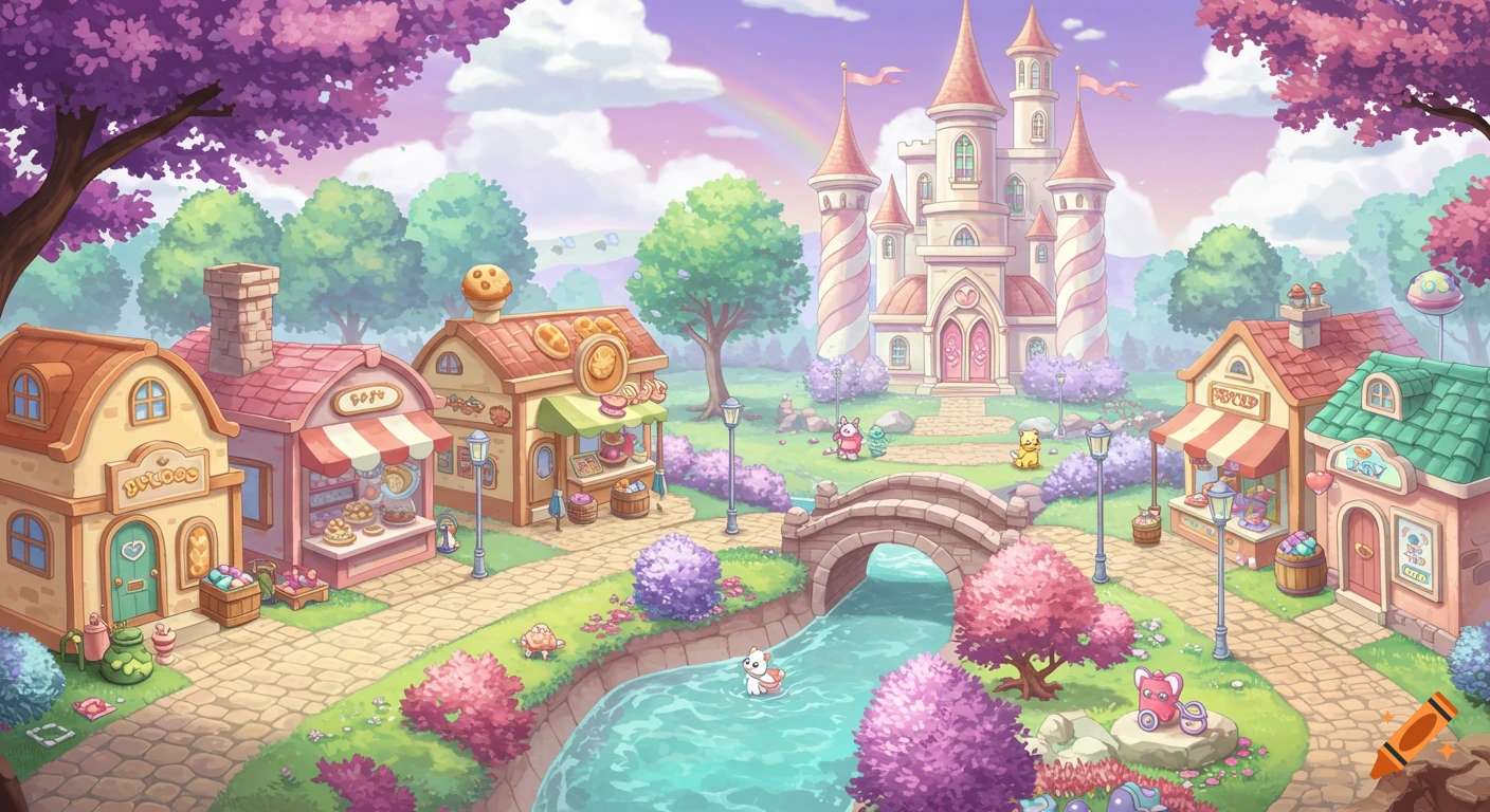 A vibrant cartoony fantasy village with a pink castle, shops, a river, and cute creatures under a rainbow sky.
