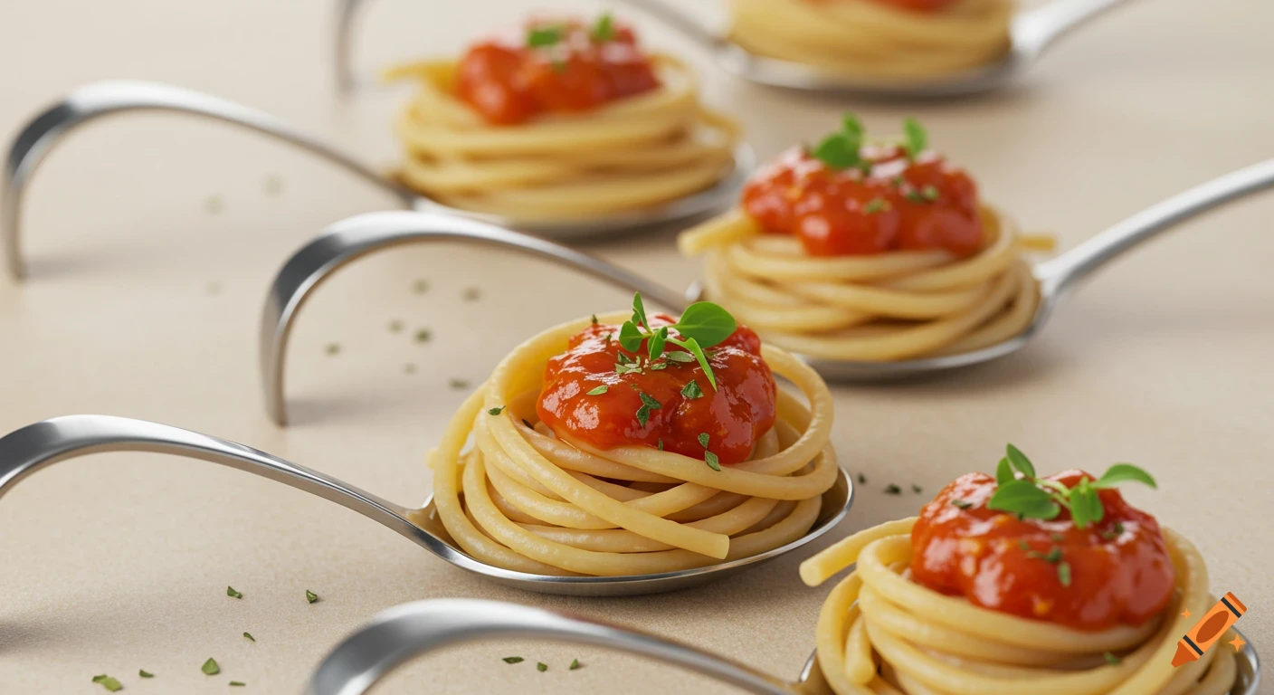 Close-up of neatly arranged individual pasta portions with tomato sauce and fresh herbs on elegant silver spoons.