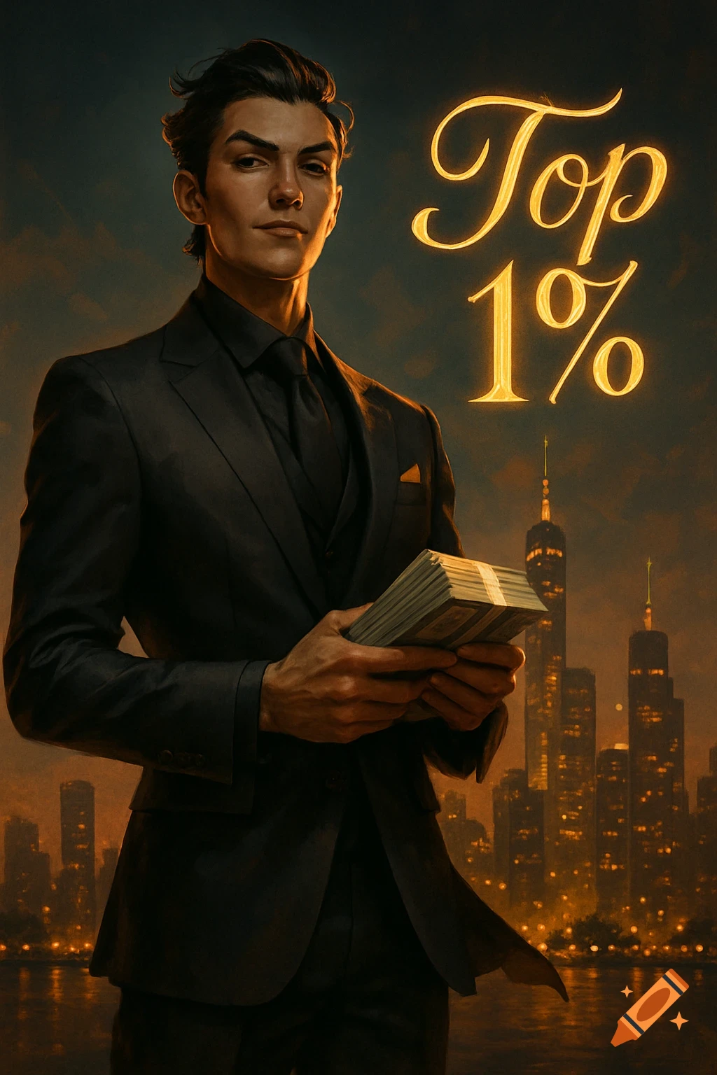A man in a dark suit holds a stack of money with a city skyline in the background and 'Top 1%' text, in an illustration style.