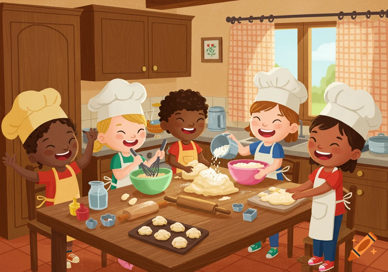 Flat art illustration of five diverse children in chef hats and aprons happily baking in a kitchen, surrounded by dough and tools.