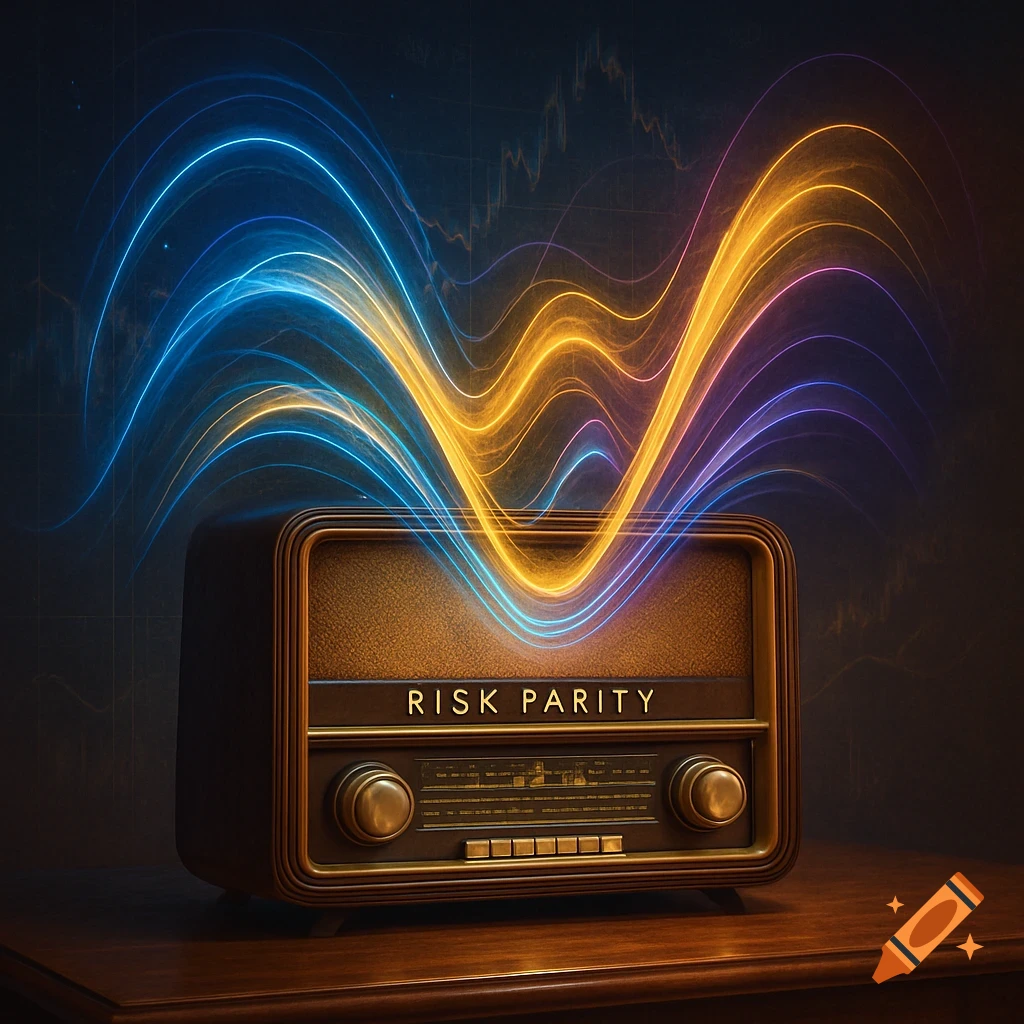 A vintage radio with glowing blue, yellow, and purple wavy lines emanating upwards. The radio's display shows 'RISK PARITY', with a subtle stock chart in the dark background.
