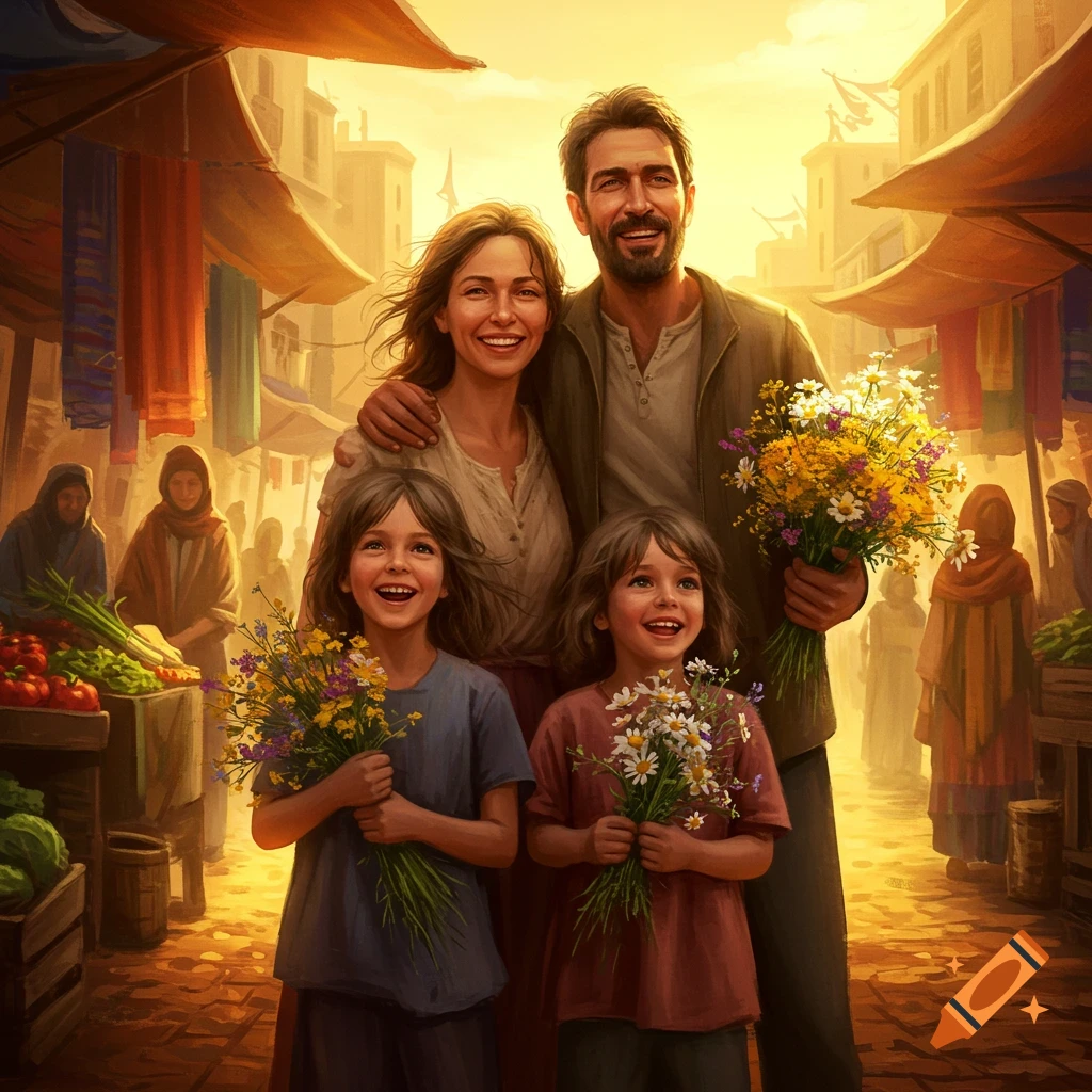 A happy family of four, smiling and holding wildflowers, stands in a bustling, sun-drenched market.