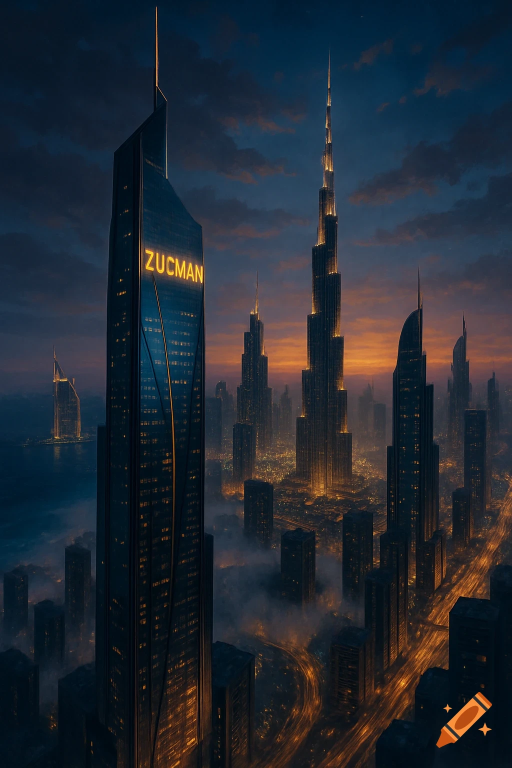 An aerial view of a futuristic city skyline at dusk, towering skyscrapers with glowing lights, and 'ZUC MAN' displayed on a prominent building.