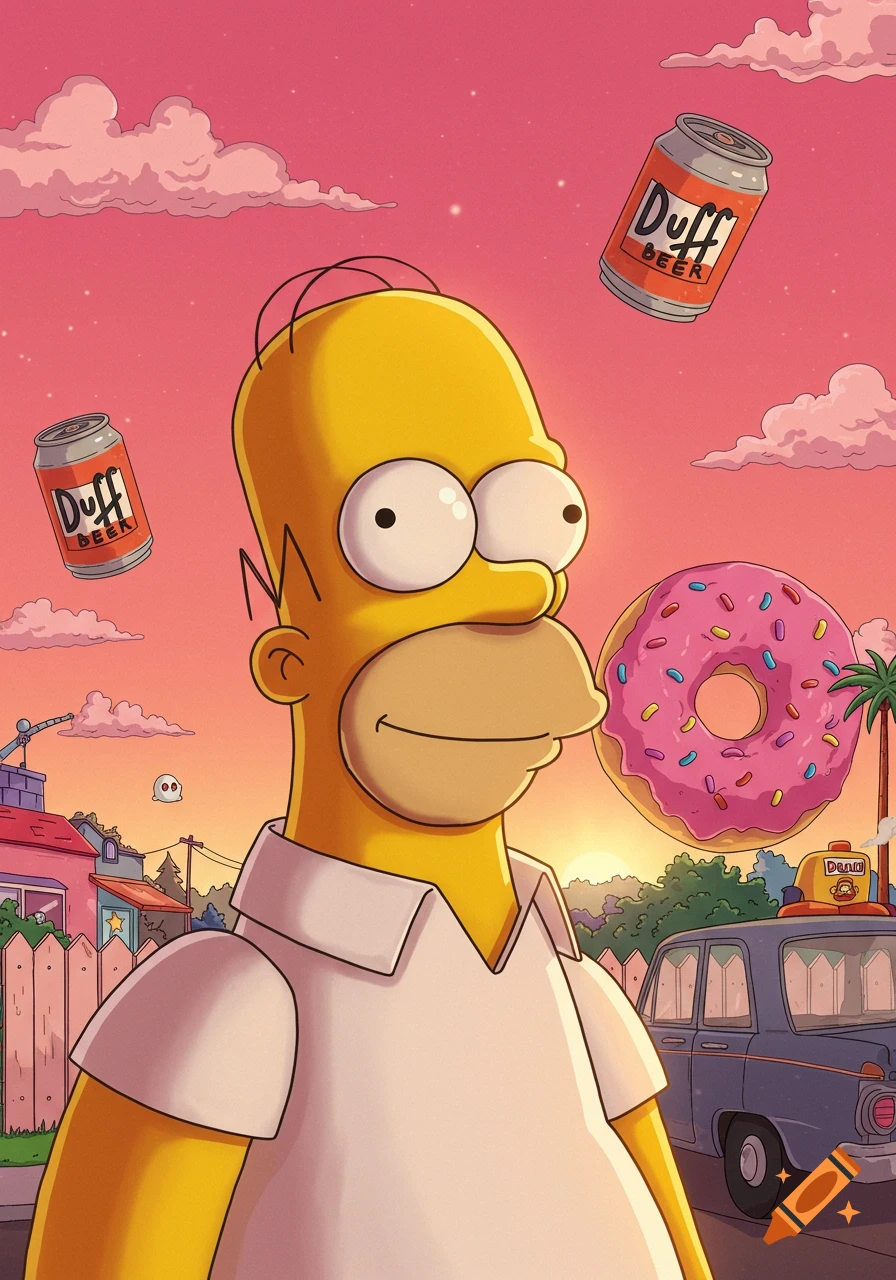 Homer Simpson smiling against a pink sunset, with floating Duff Beer cans and a pink donut in a cartoon style.