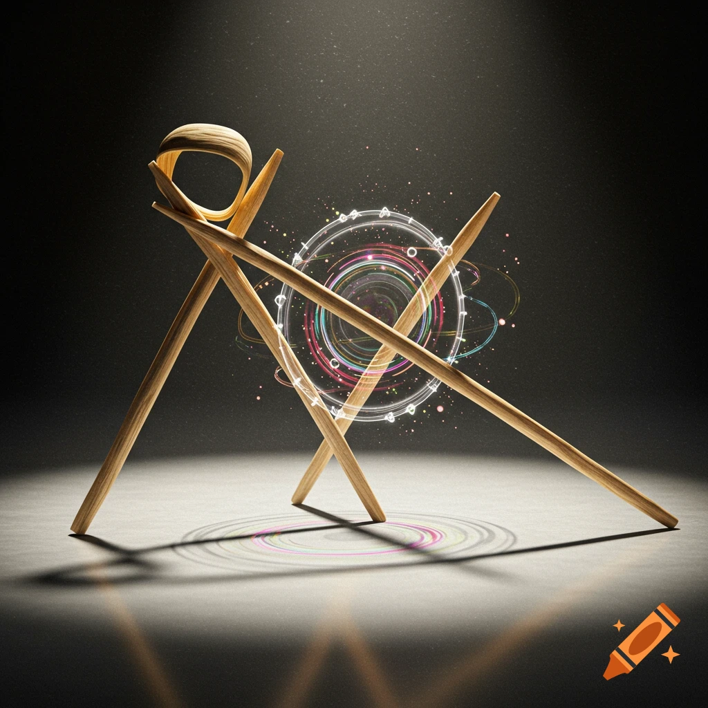 Two wooden toothpicks crossed over a glowing, colorful abstract energy sphere with shadows on a dark surface.