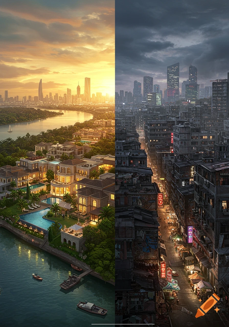 A split image contrasting two urban landscapes: left a sunny, affluent neighborhood; right a dark, dense city street with old buildings.