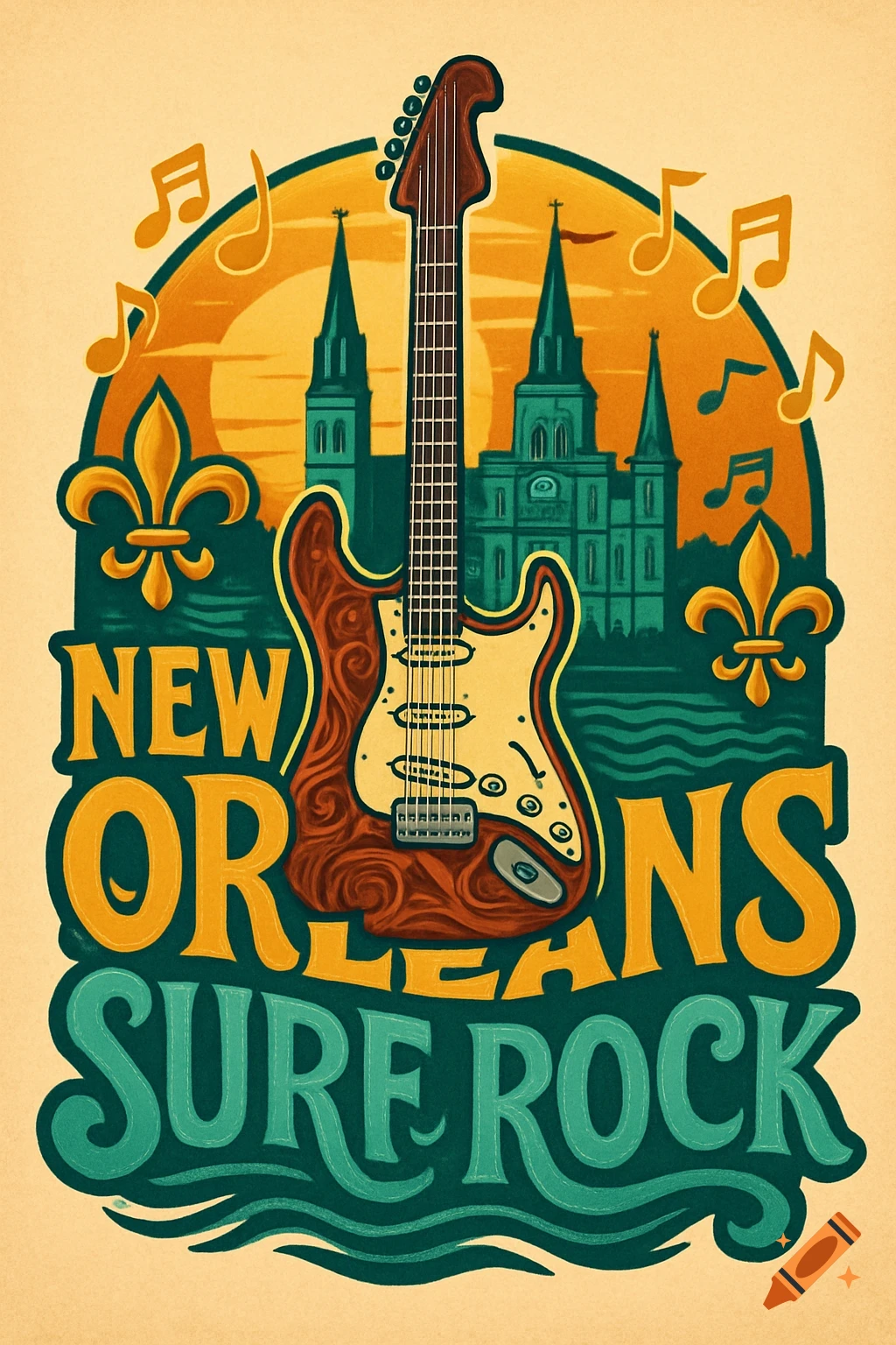Vintage-style illustration of an electric guitar in front of a New Orleans skyline, flanked by fleur-de-lis, with 'NEW ORLEANS SURF ROCK' text and music notes.