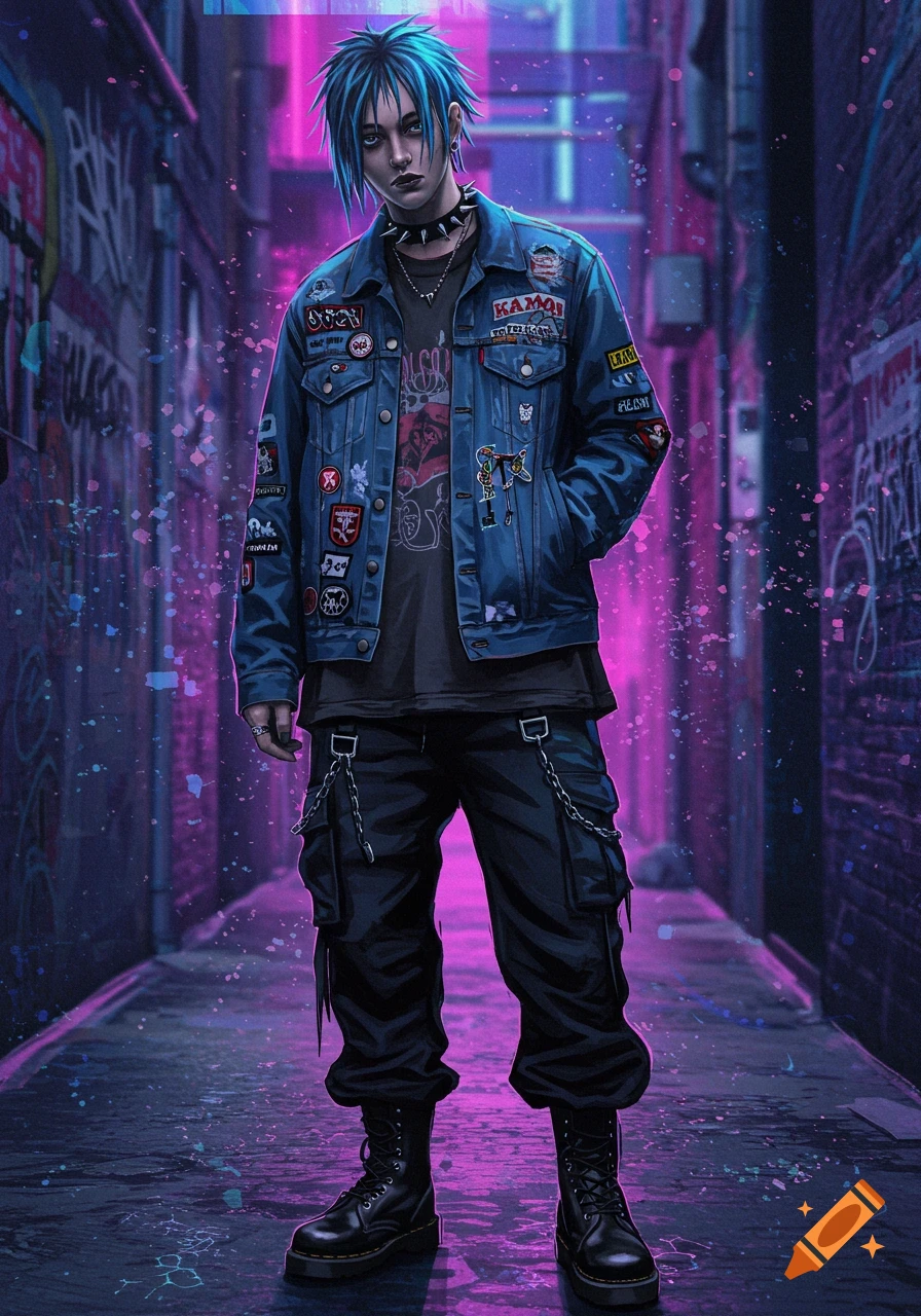 A punk person with spiky blue hair, a studded choker, and a patched denim jacket stands in a neon-lit, graffiti-covered alley.