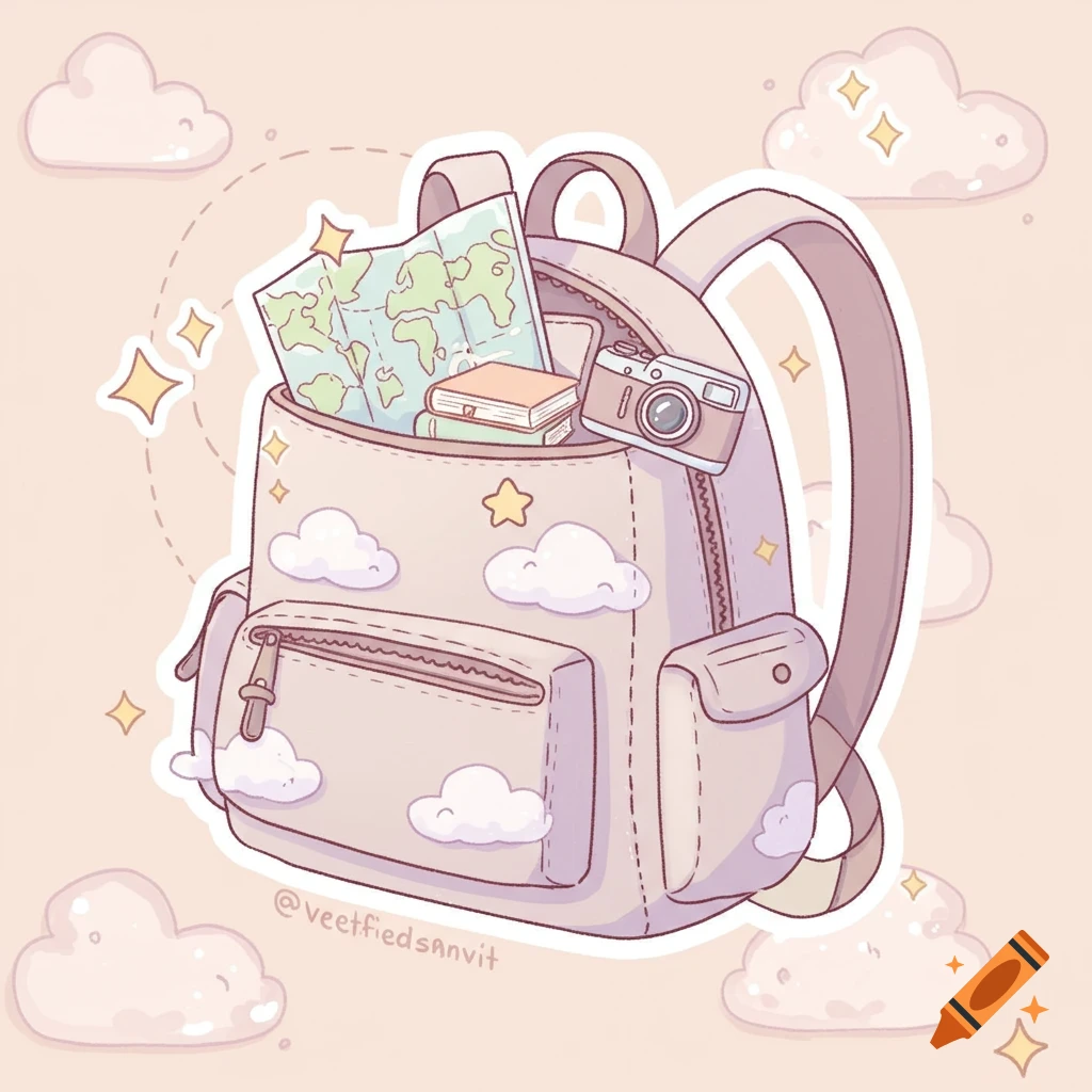 A pastel cartoon illustration of a beige backpack adorned with clouds, filled with a map, books, and a small camera, surrounded by sparkling stars.