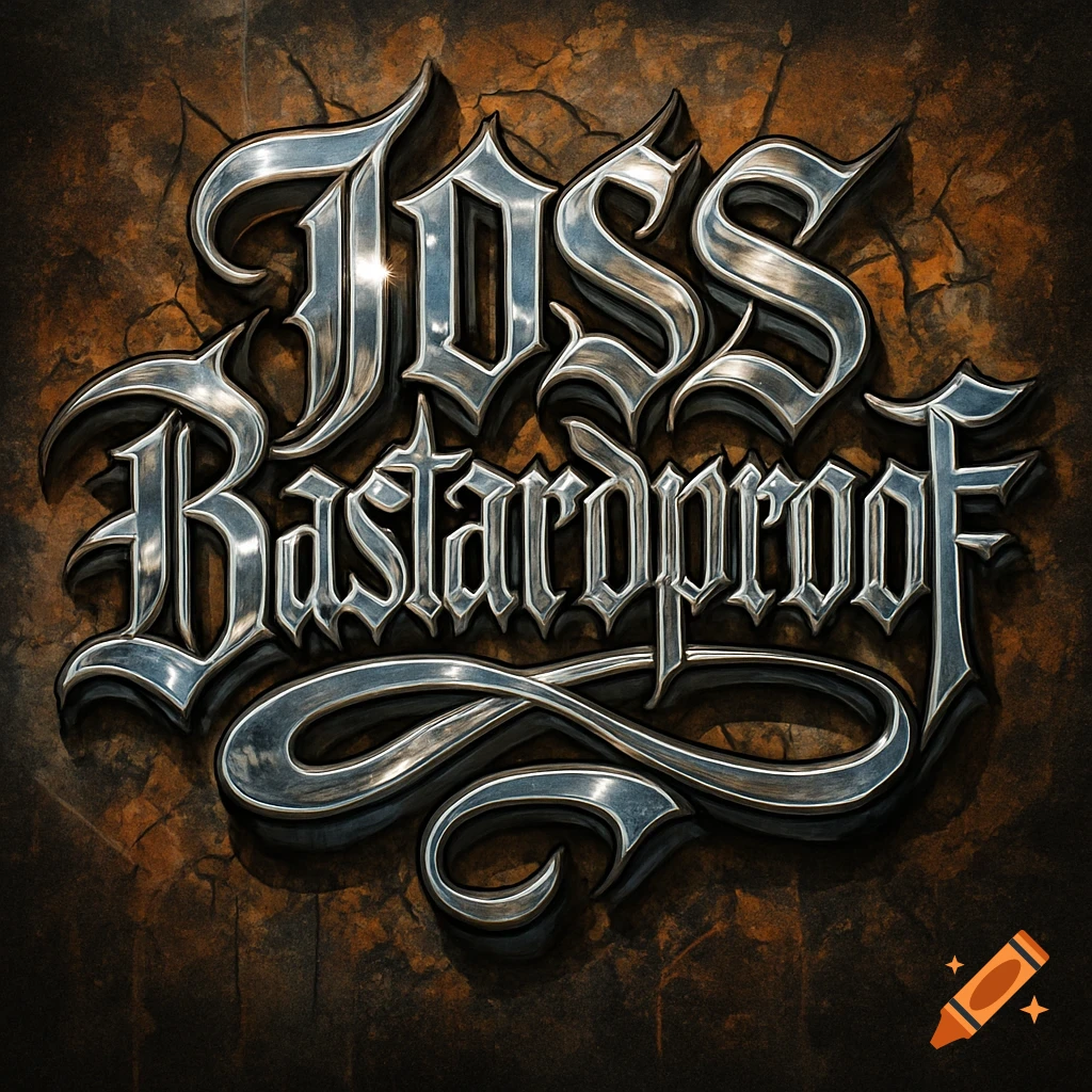 Metallic gothic-style text 'JOSS Bastardproof' on a cracked, rusty background.