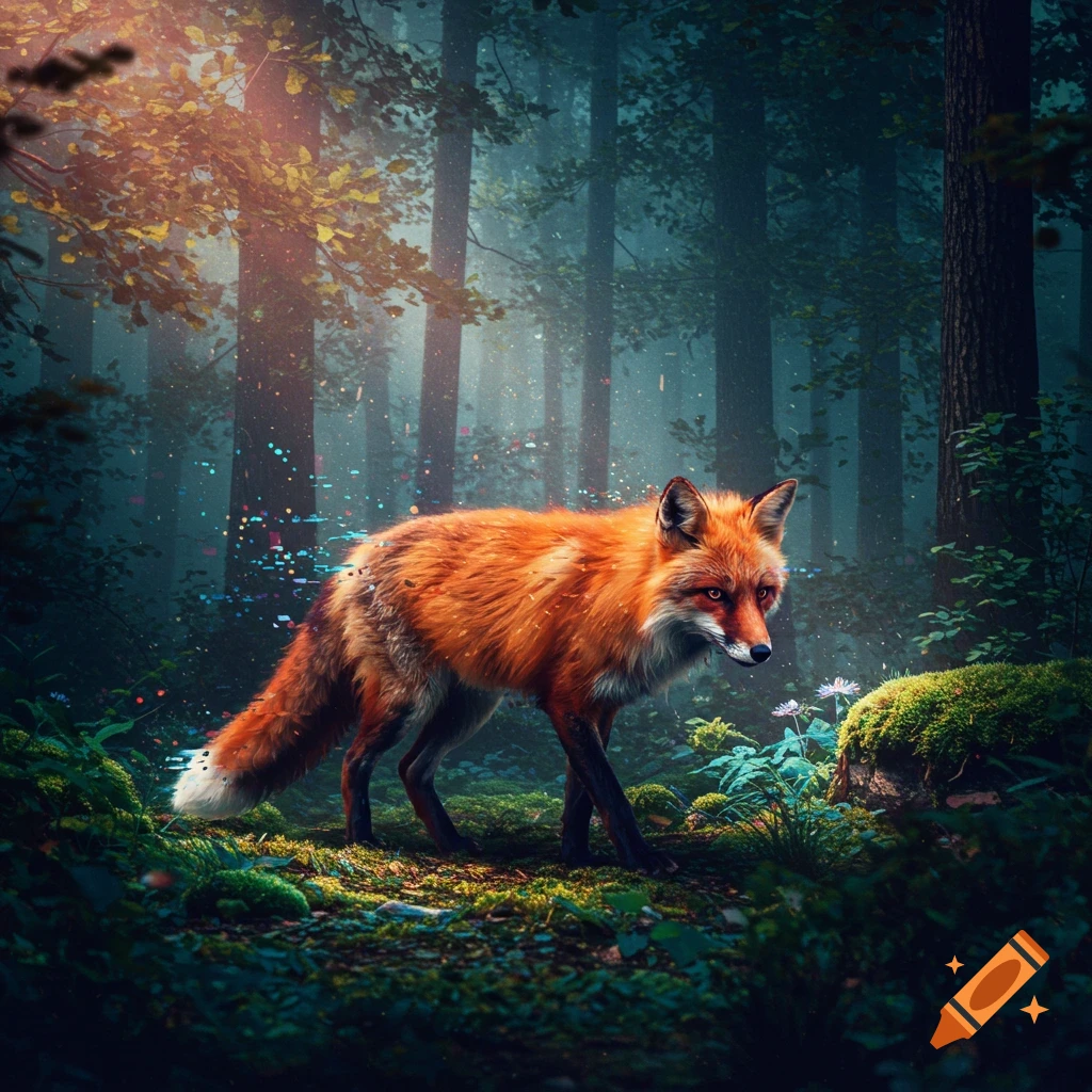 A vibrant orange fox with digital glitch effects walks through a mystical, misty forest lit by sunbeams.
