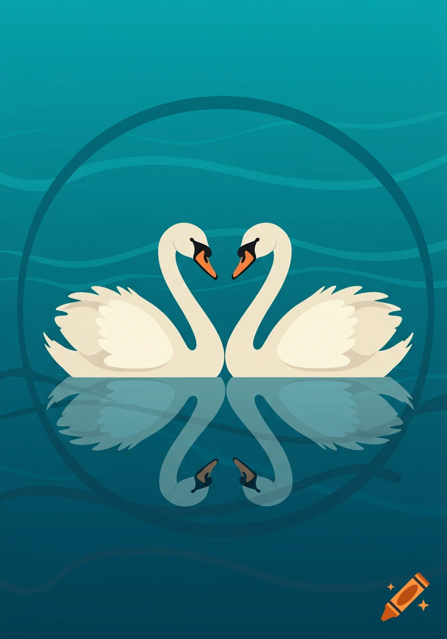 Two white swans face each other, their necks forming a heart shape, reflected in blue water in a flat illustration style.