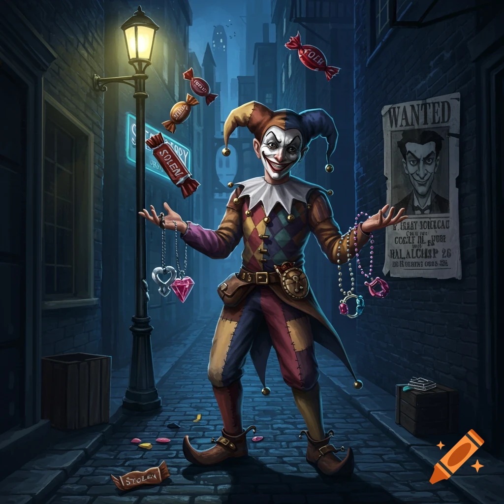 A creepy jester in a harlequin costume stands in a dark alley under a lamplit sign, juggling stolen candies and jewelry, with a 'WANTED' poster behind him.