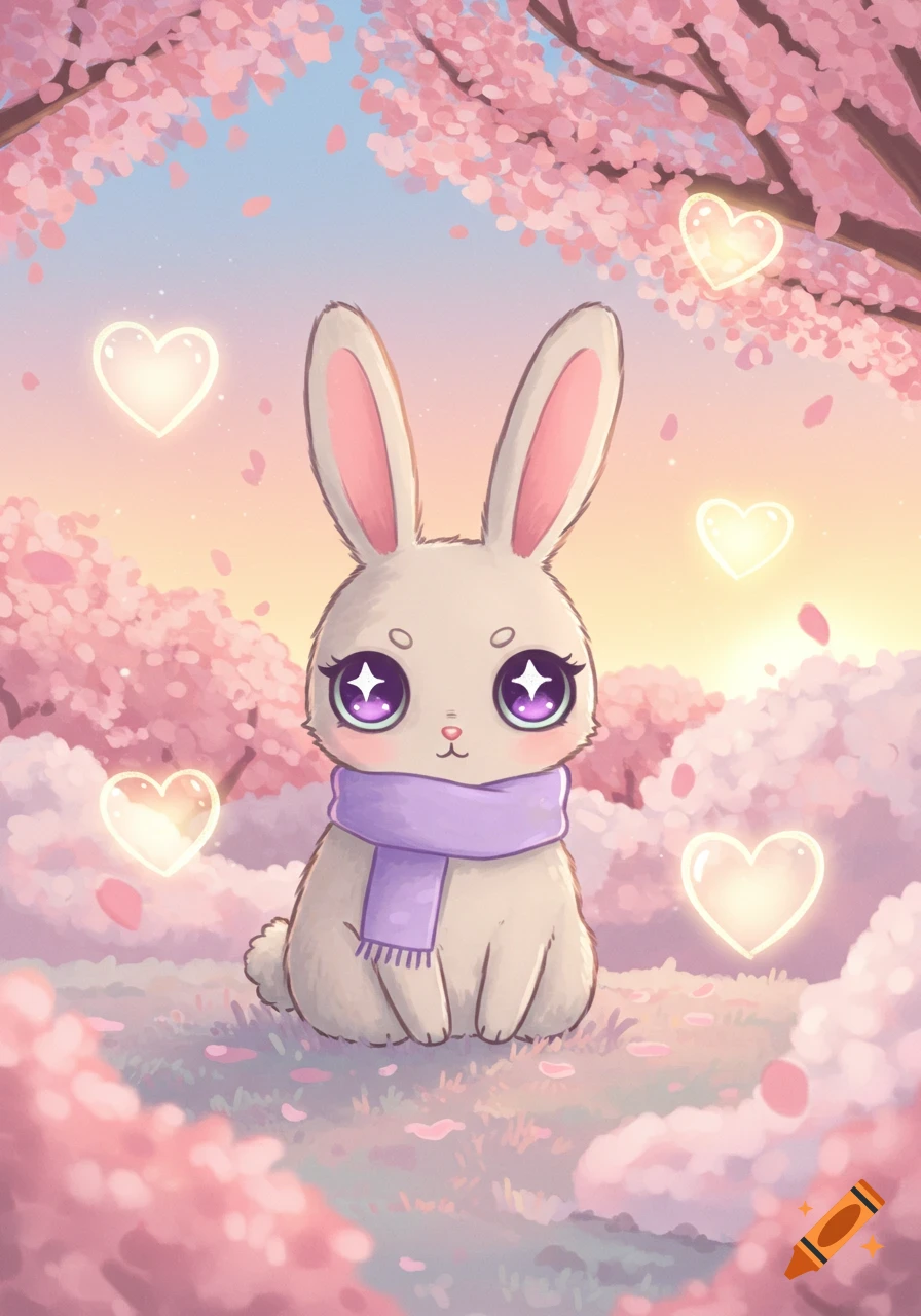 A cute kawaii bunny with large sparkly eyes and a purple scarf sits in a field of pink cherry blossoms with glowing hearts.