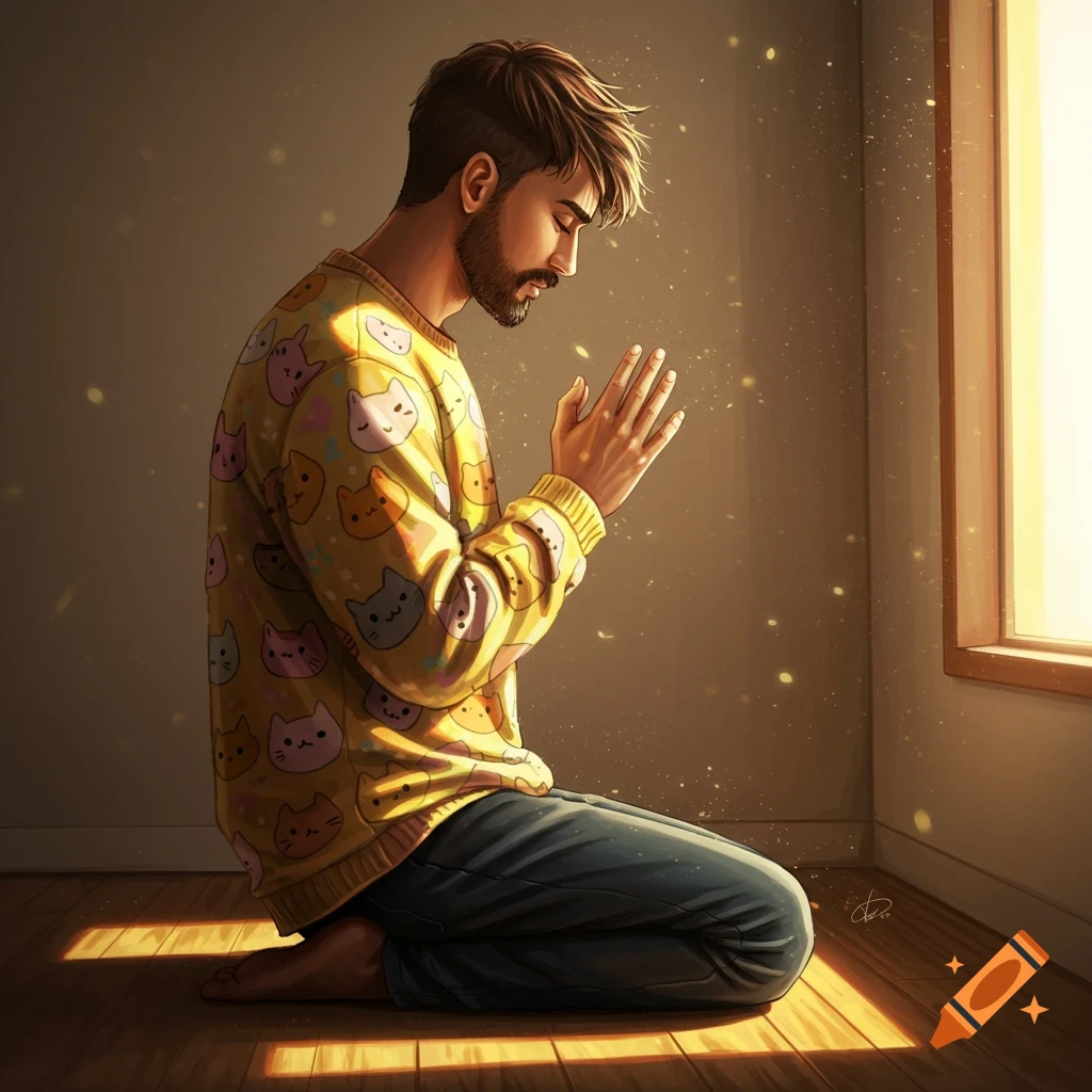 A bearded man in a yellow cat-print jumper kneels, praying in a sunlit room in a digital art style.