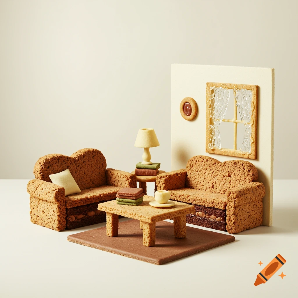 A miniature living room scene crafted entirely from cookies and dessert, featuring two sofas, a coffee table, and a window.