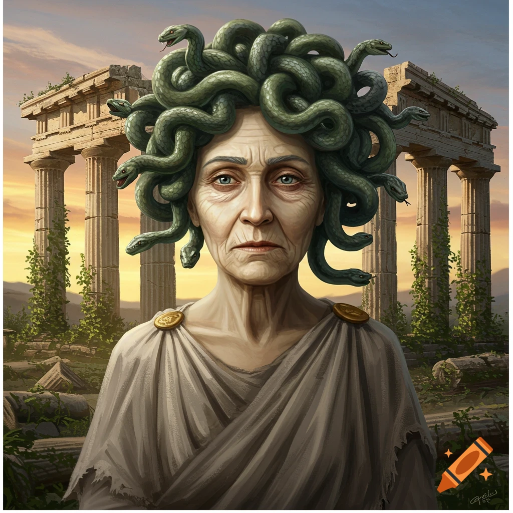 A portrait of an old Medusa with green snakes for hair, wearing a toga, against a background of ancient Greek ruins at sunset.