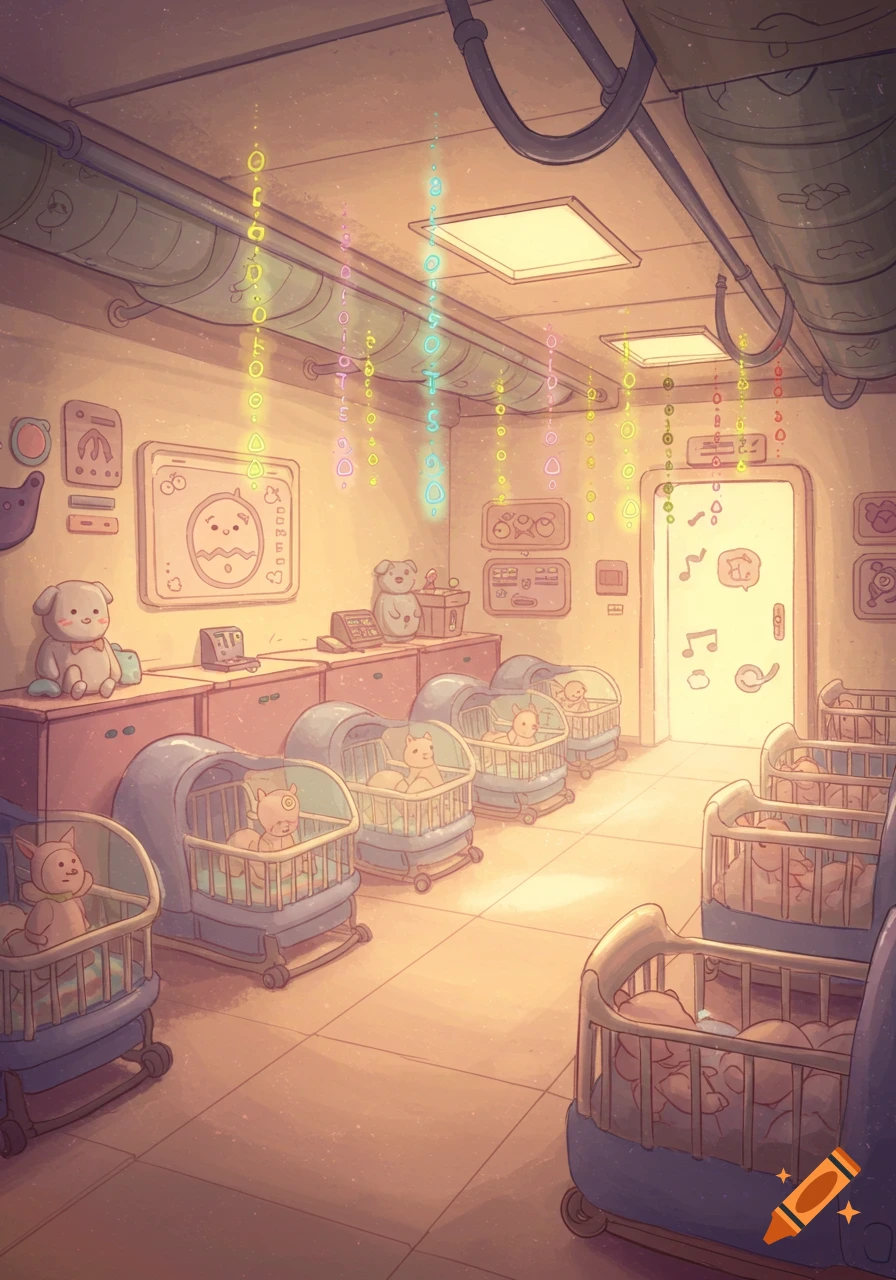 A warm-toned, futuristic nursery with baby creatures in cribs and glowing data streams falling from the ceiling. Stylized digital art.