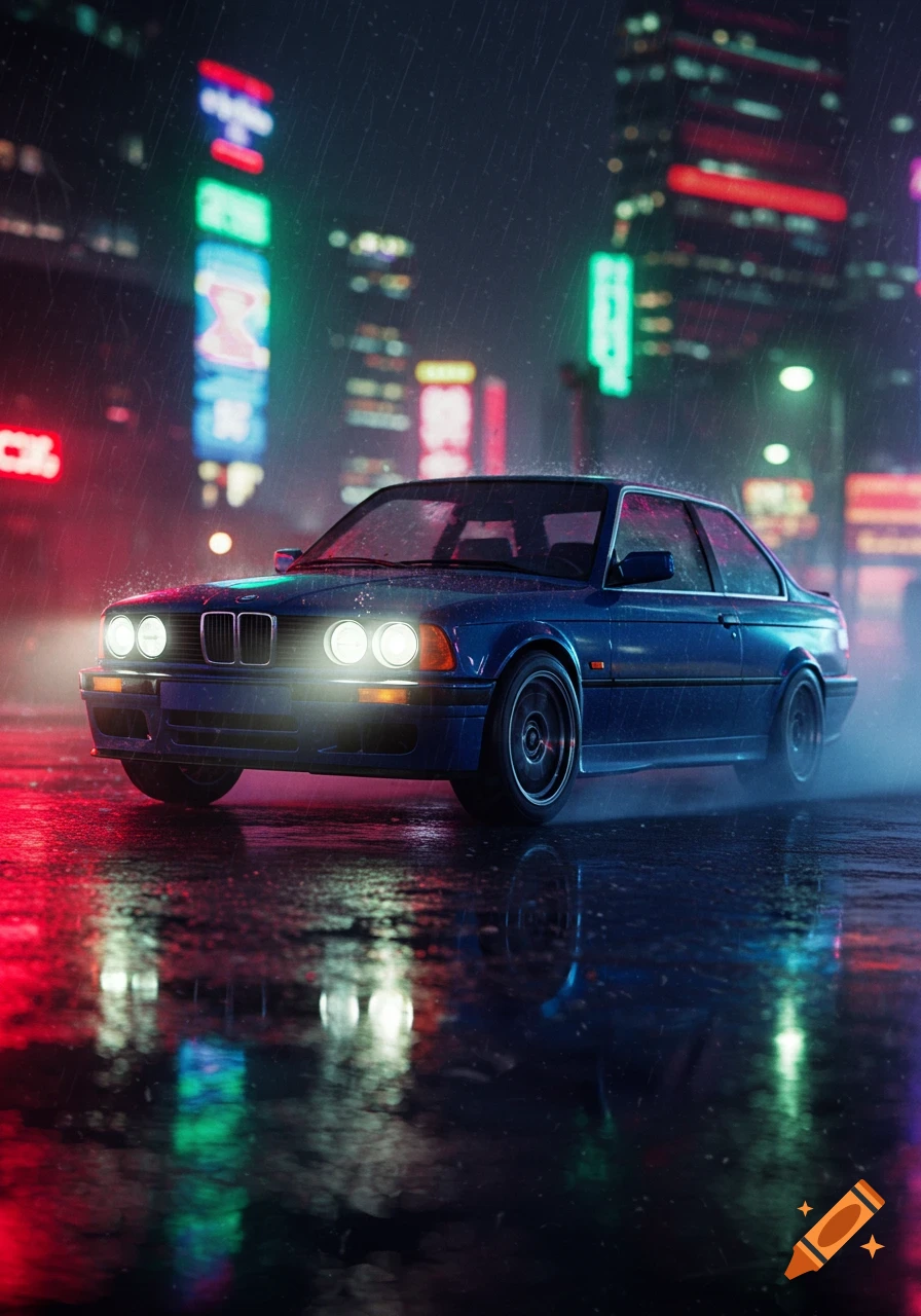 A blue BMW car on a wet city street at night, reflecting neon lights from surrounding buildings.