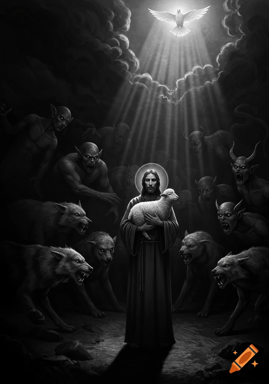 Dramatic black and white digital painting of Jesus holding a lamb, surrounded by menacing demons and wolves, with a holy dove above.