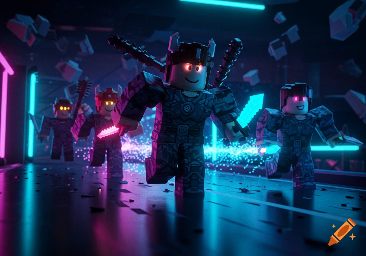 Four armored Roblox-style characters with glowing daggers, bats, and swords run on a dark, neon-lit track with debris.