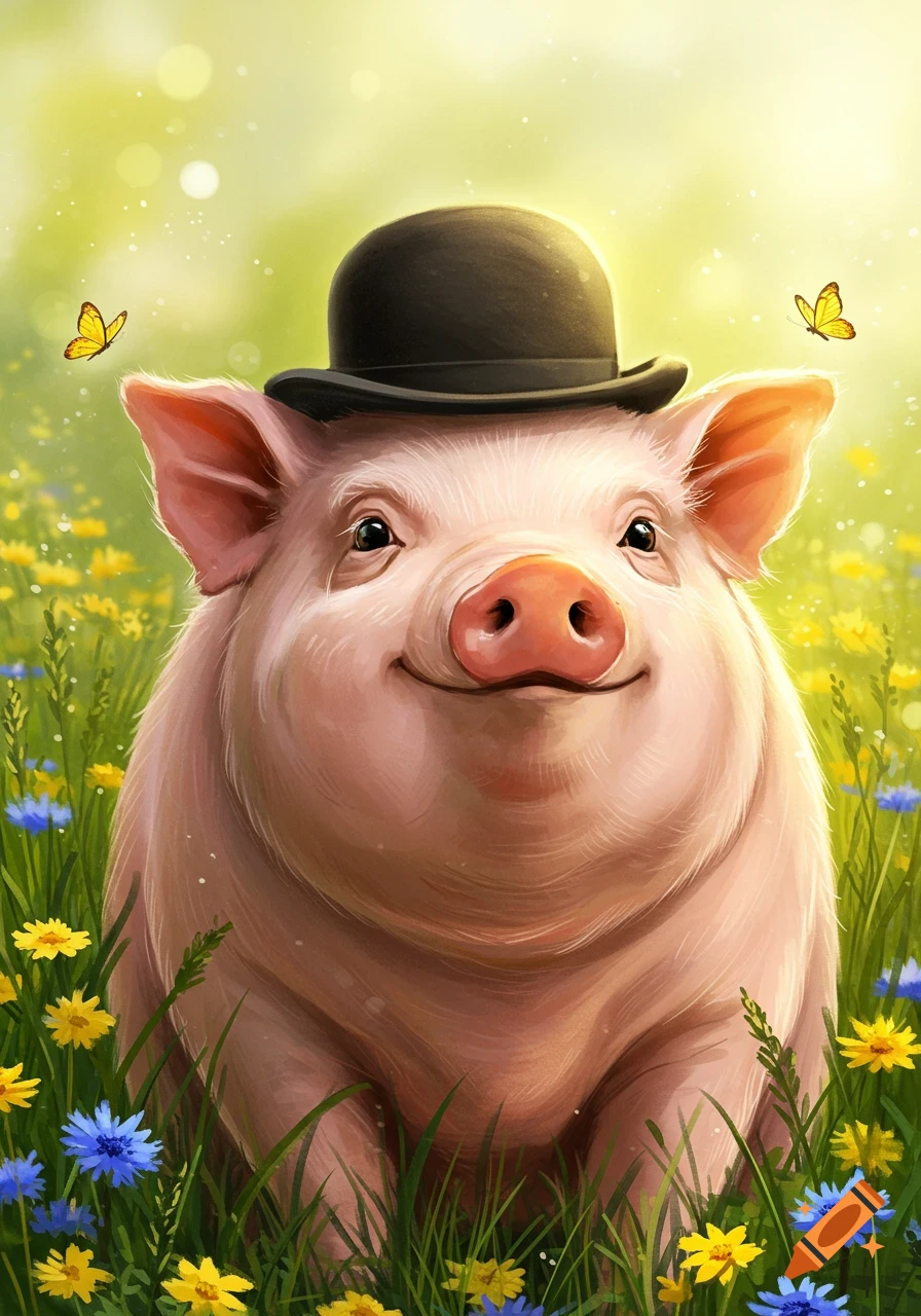 A smiling pig wearing a black bowler hat sits in a vibrant field of yellow and blue flowers with butterflies.