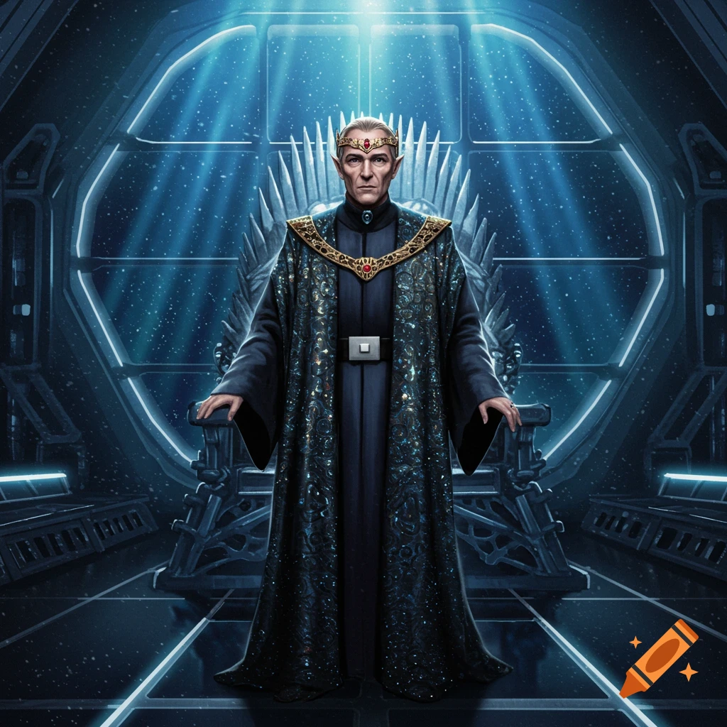 A regal, elven-like man with a crown and ornate robe sits on a futuristic throne in a blue-lit chamber.