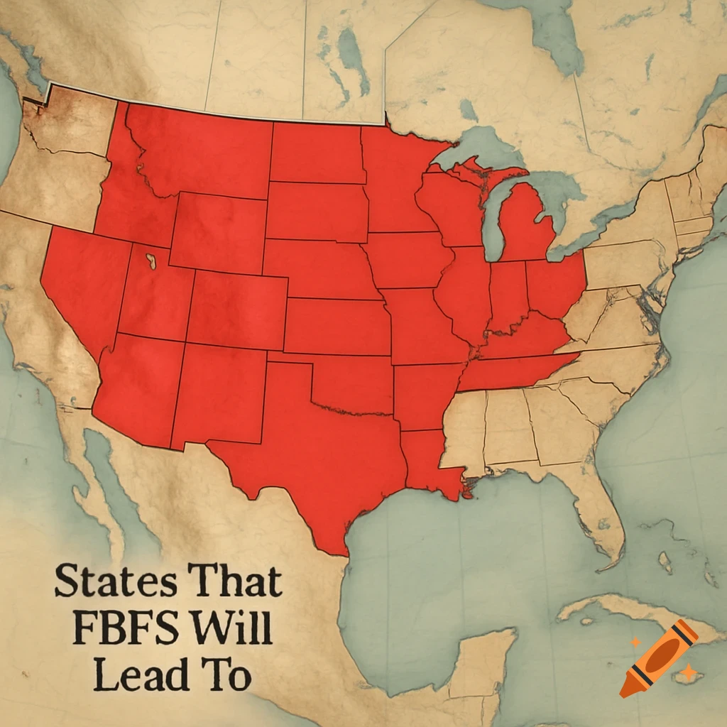An antique-style map of the United States with several western and midwestern states highlighted in red, titled "States That FBFS Will Lead To".