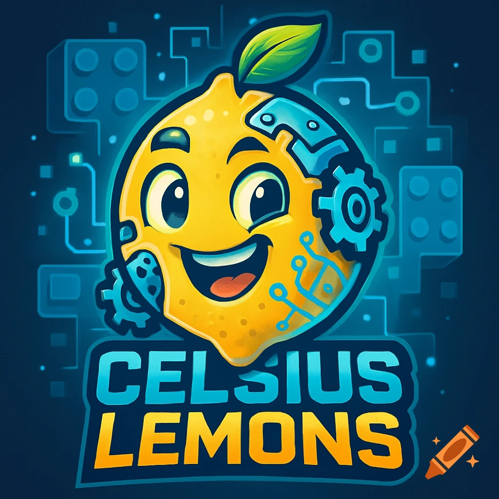 Cartoon lemon mascot with robotic parts and circuit patterns, with the text 'CELSIUS LEMONS' in blue and yellow.