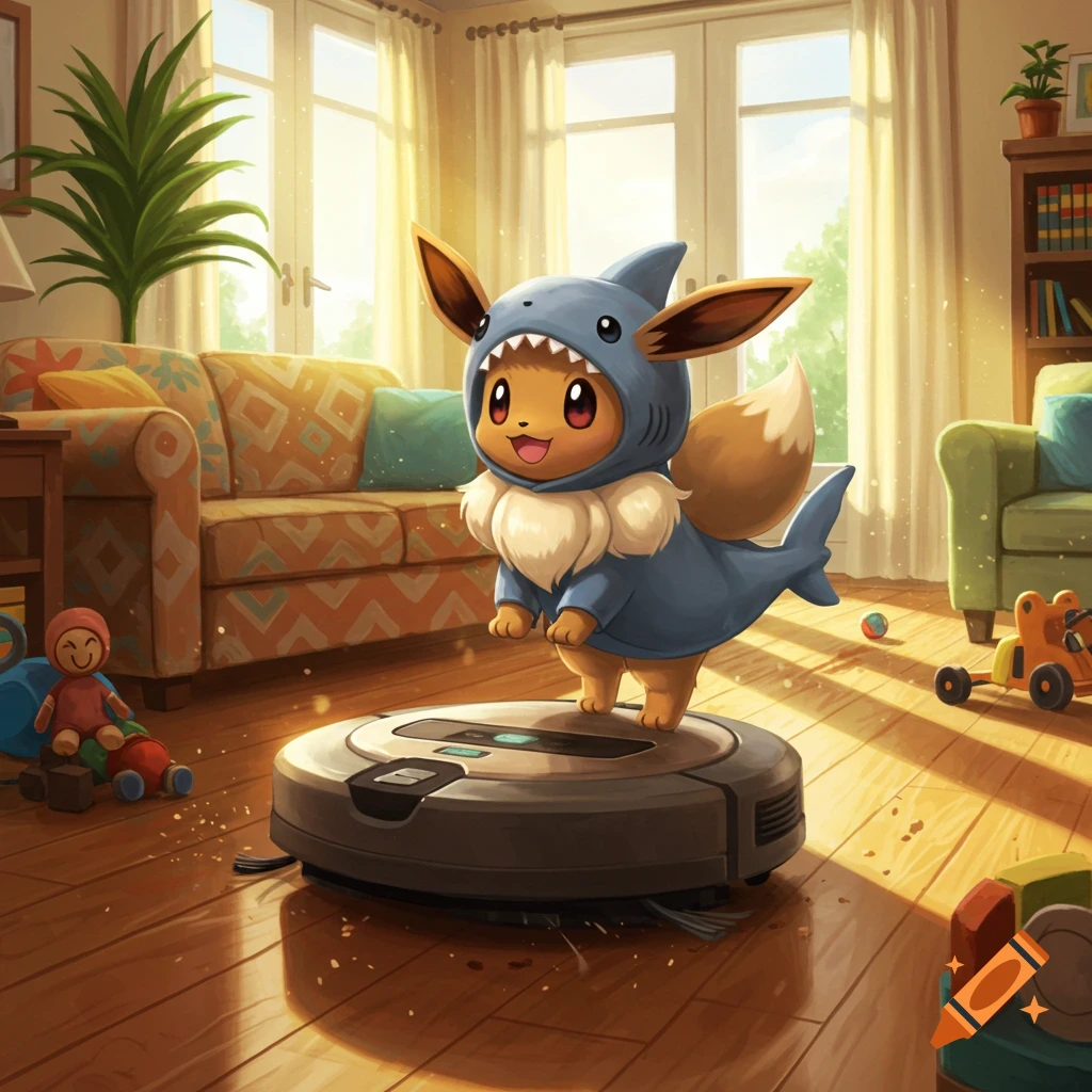 A cute Eevee wearing a blue shark costume stands on a robot vacuum cleaner in a sunny, cozy living room.