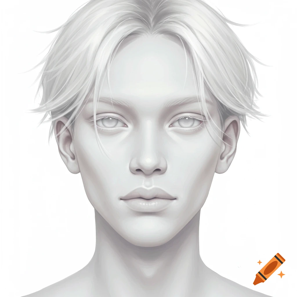 Digital art headshot of an androgynous person with white hair, pale skin, and stark white eyes against a white background.