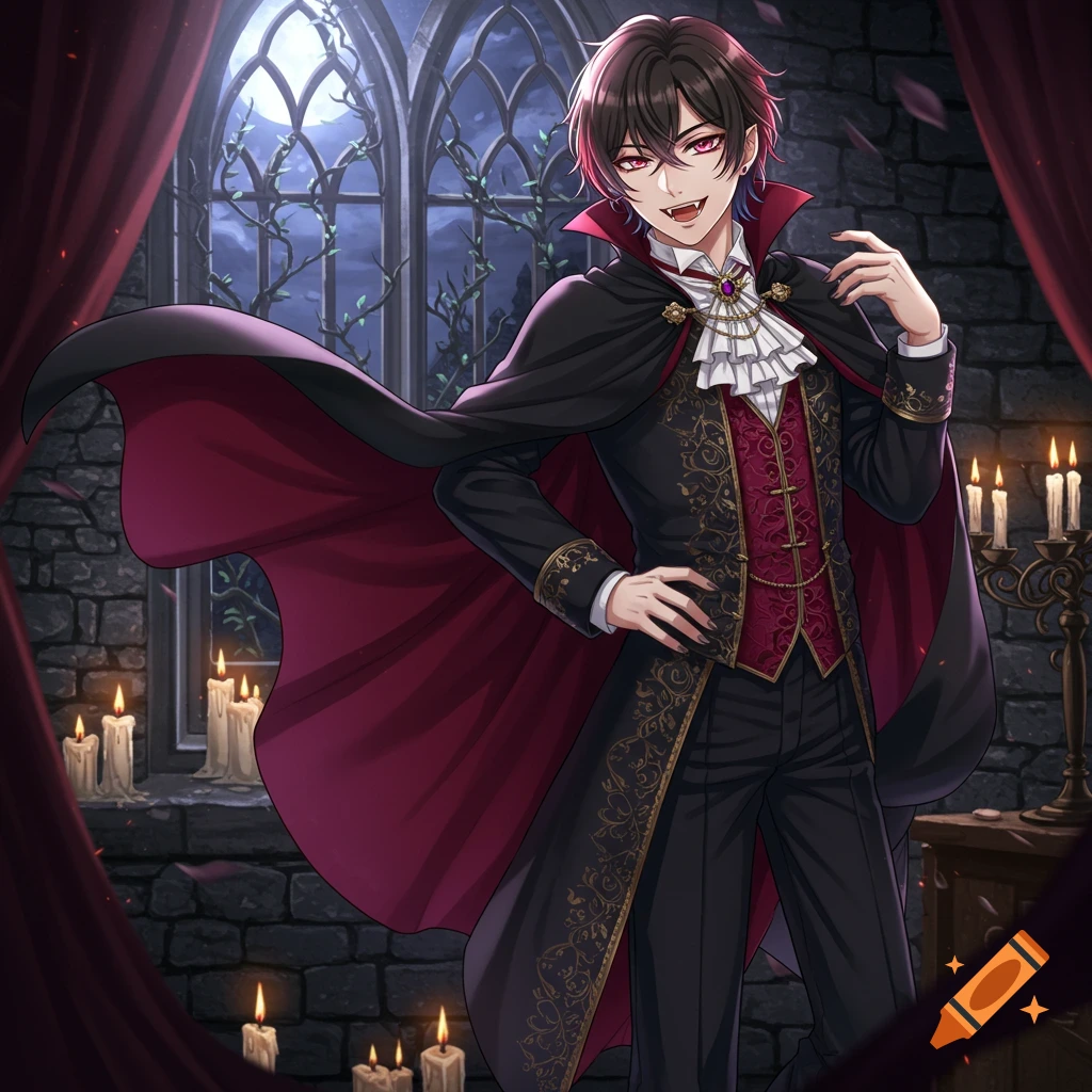 An anime femboy vampire in a black and red Dracula costume poses in a gothic room with candles and a moonlit window.