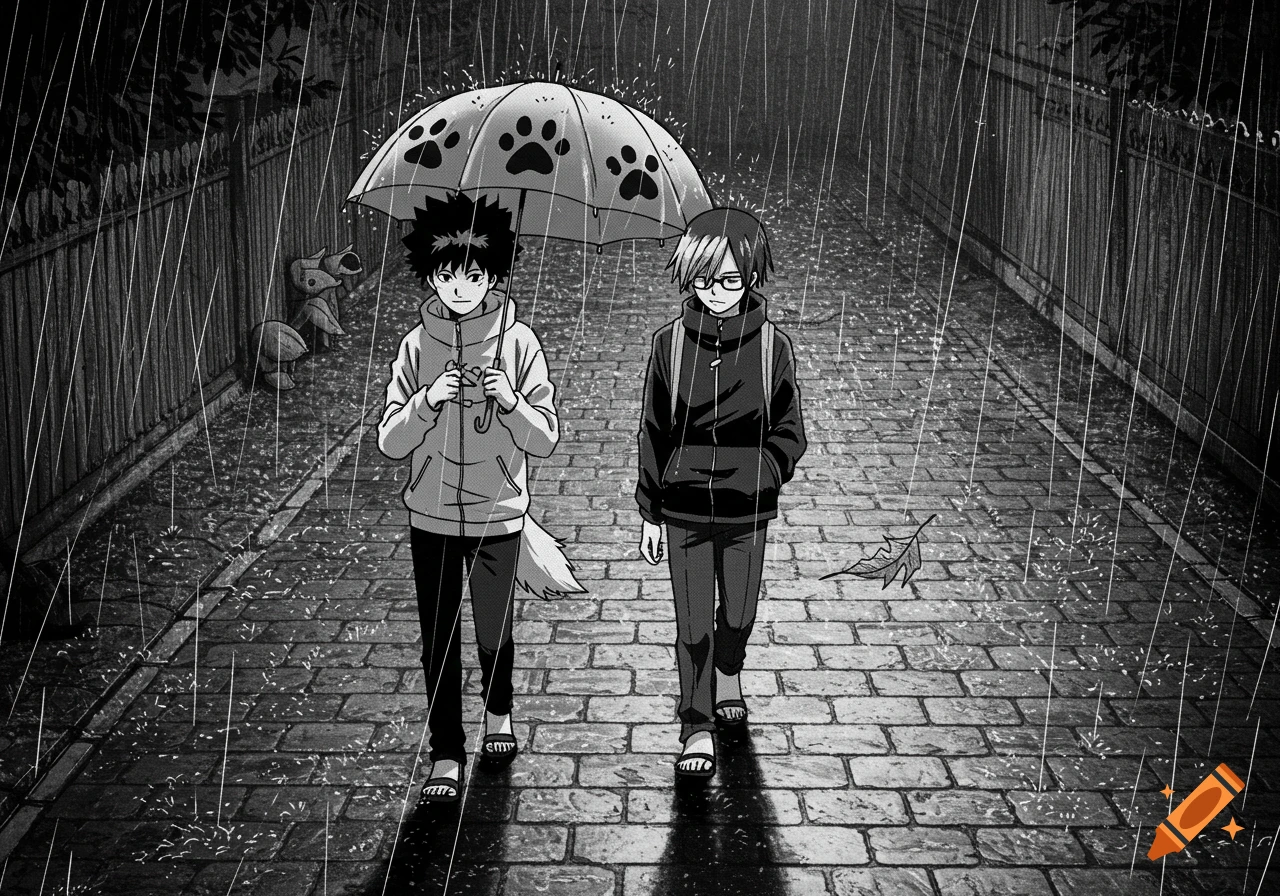 Two anime-style boys walk down a wet brick path in the rain; one holds a paw-print umbrella. Black and white manga style.