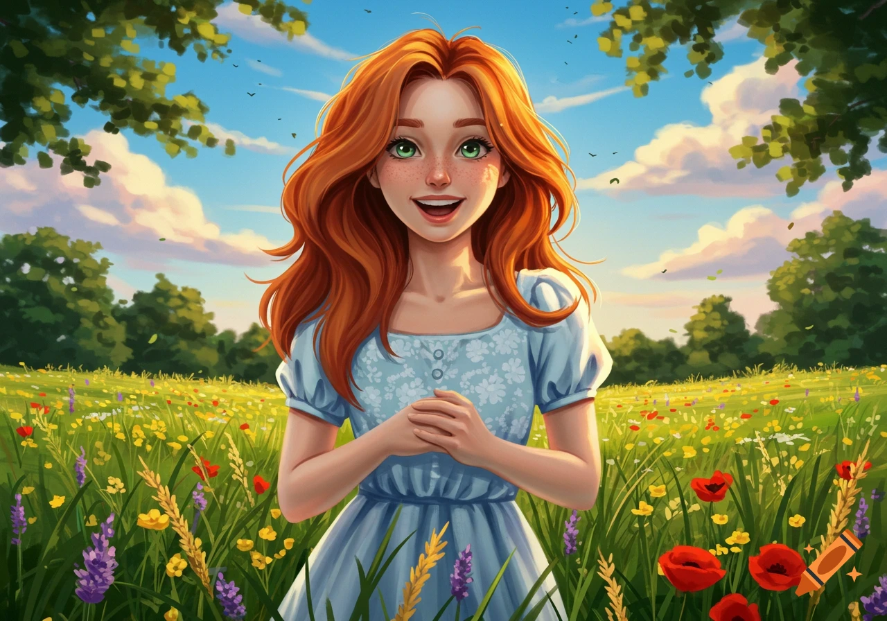 Smiling red-haired girl with green eyes in a blue dress stands in a vibrant field of wildflowers under a blue sky, digital art.