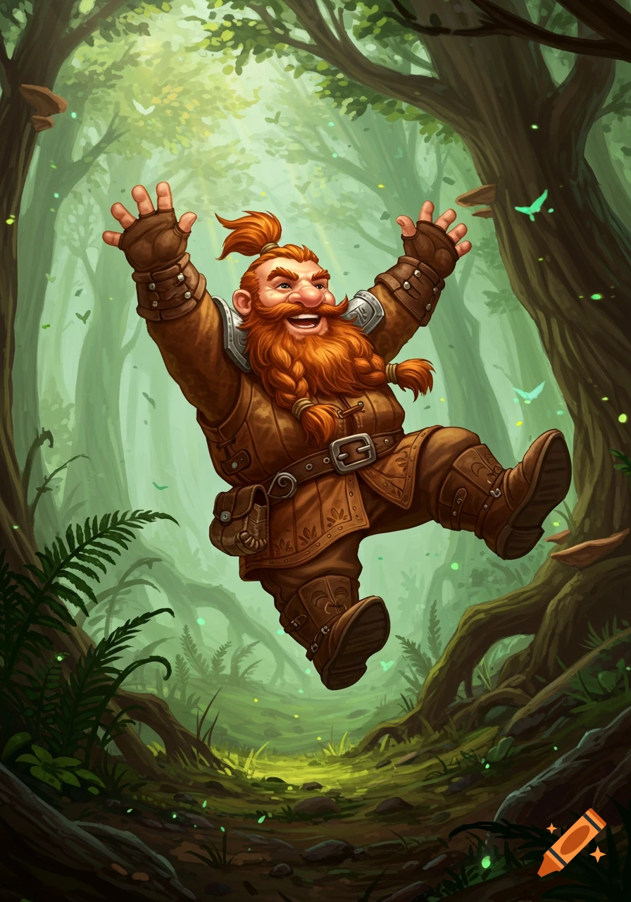 A happy, red-bearded dwarf in a brown leather outfit jumps in a lush green forest, arms outstretched in a fantasy illustration style.