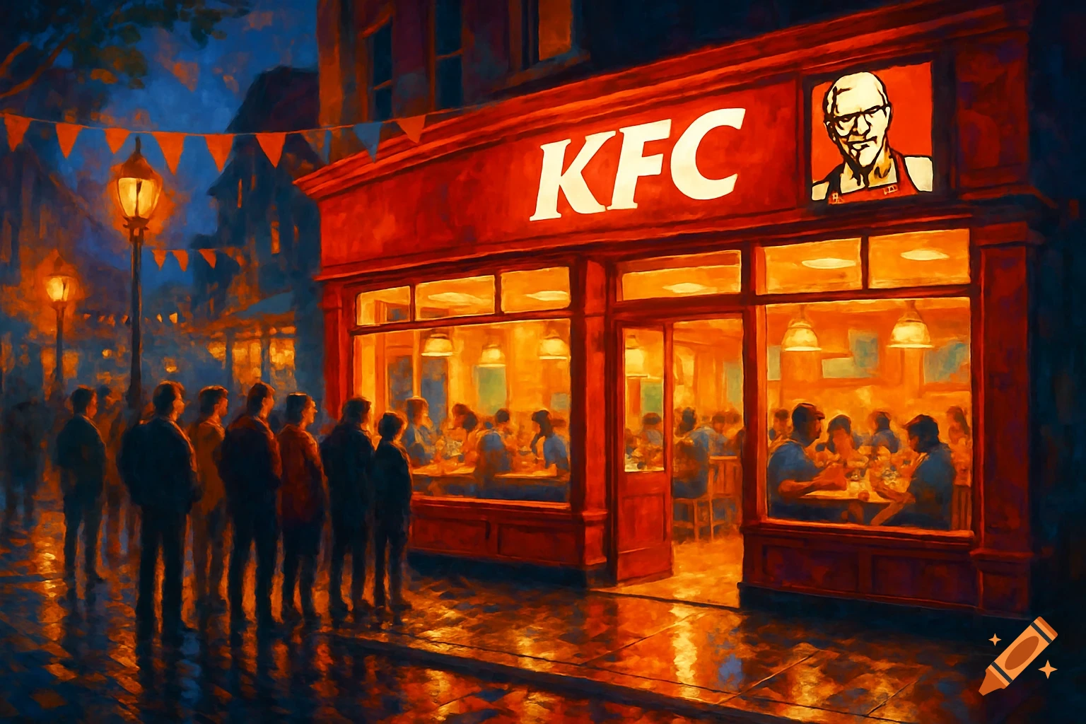 A vibrant, painterly night scene of a KFC restaurant with people dining inside and queuing outside on a wet street.