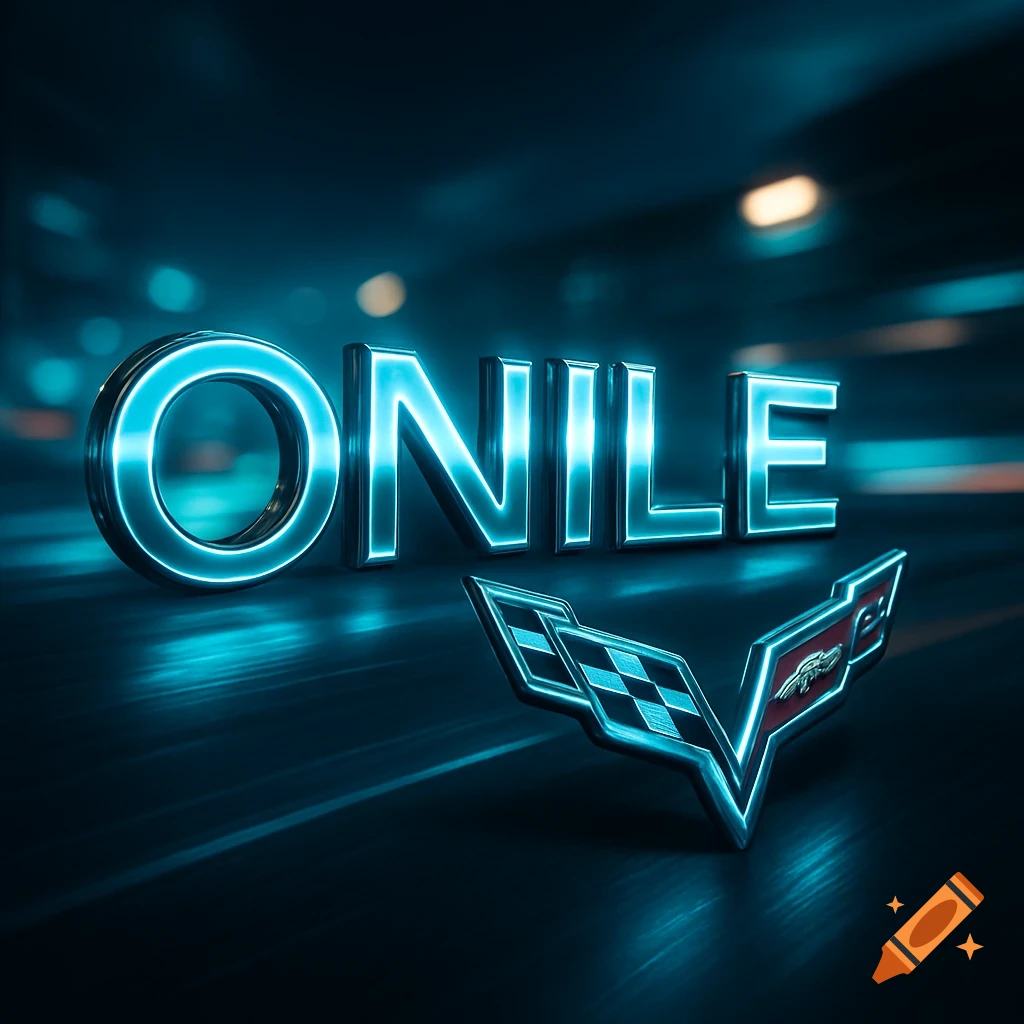 Glowing blue metallic text 'ONILE' and a silver Corvette badge on a dark, reflective surface with blurred blue lights.