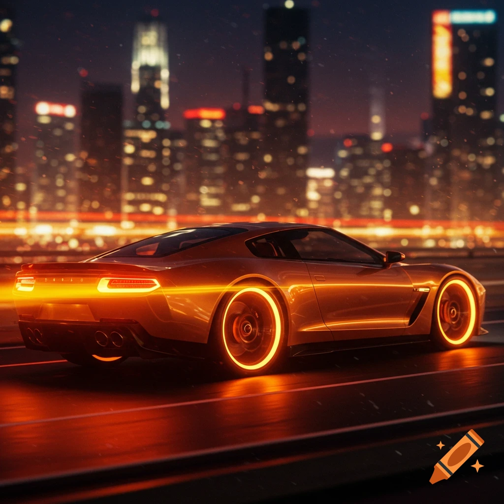 A futuristic orange sports car with glowing wheels and tail lights drives on a wet city street at night, with a blurred cityscape in the background.