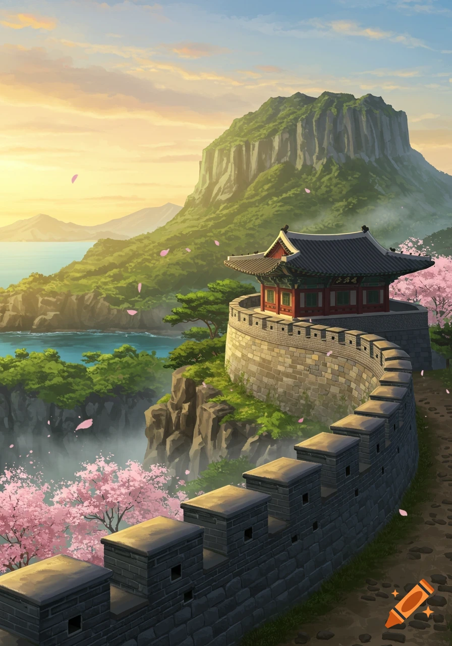 A vibrant digital painting of a Korean-style fortress wall and pavilion on a cliff overlooking the sea, with a large mountain in the background and pink cherry blossoms in the foreground at sunset.