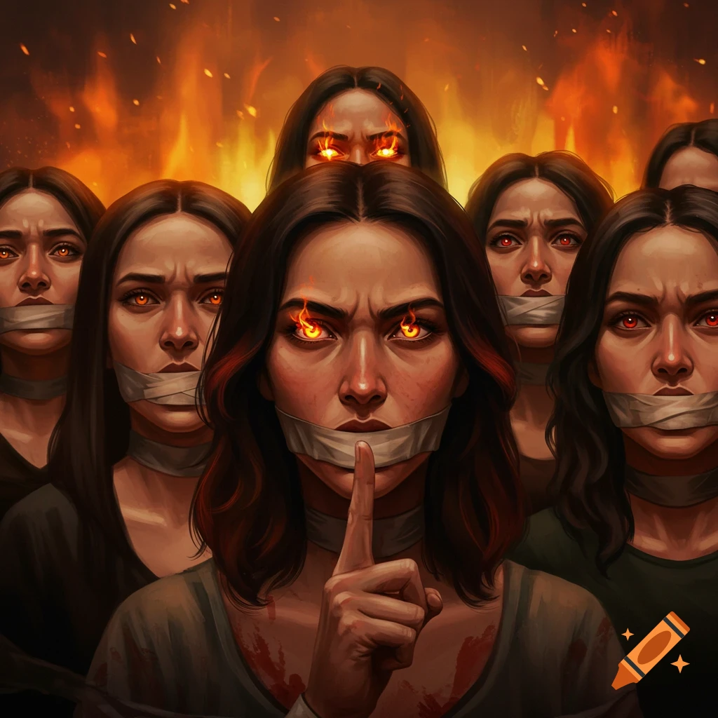 Digital painting of women with tape over their mouths and fiery eyes against a backdrop of flames. The central woman makes a 'shush' gesture.