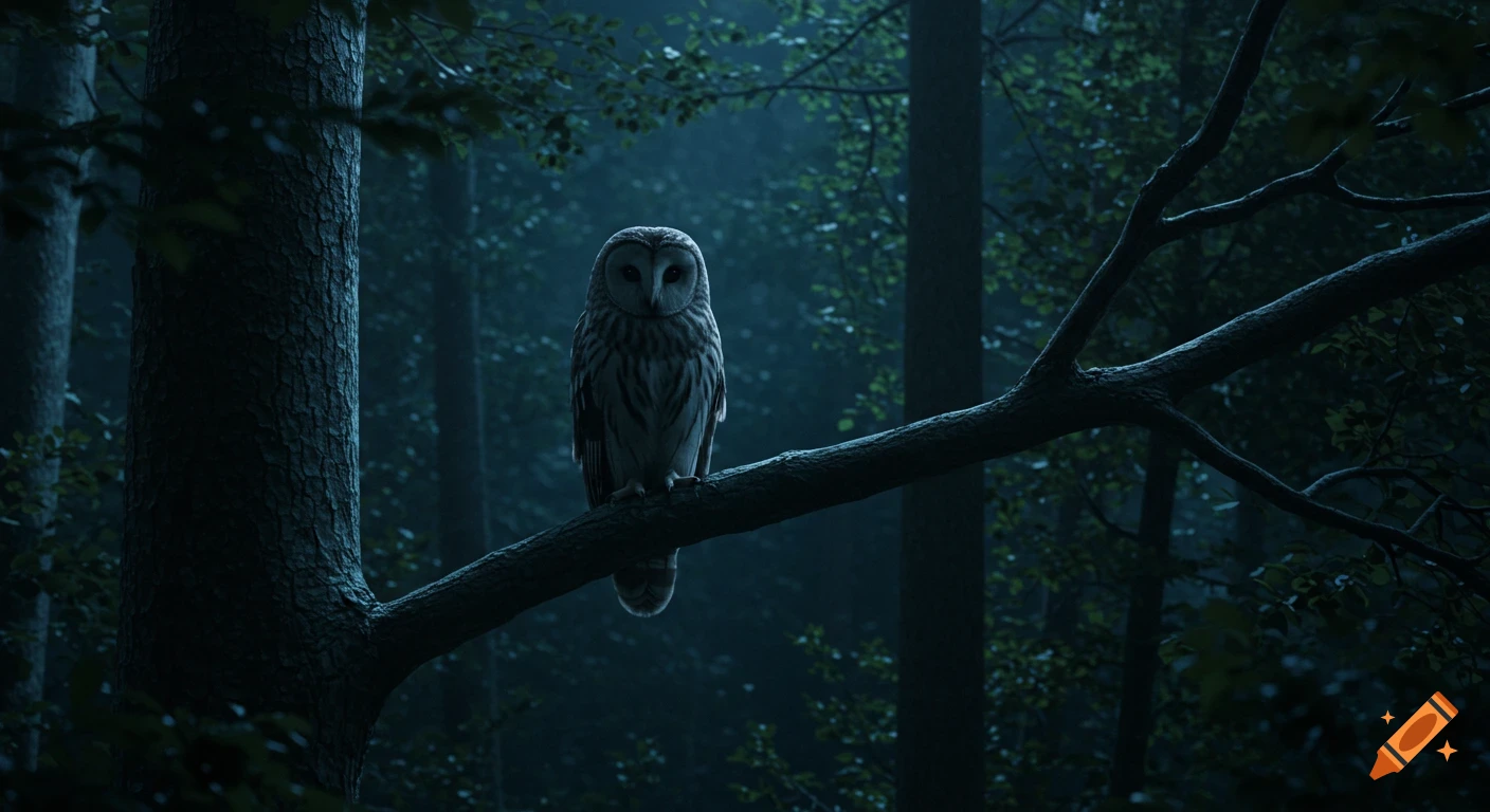 A photorealistic owl with large dark eyes perches on a branch in a dark, misty forest at night, illuminated by moonlight.
